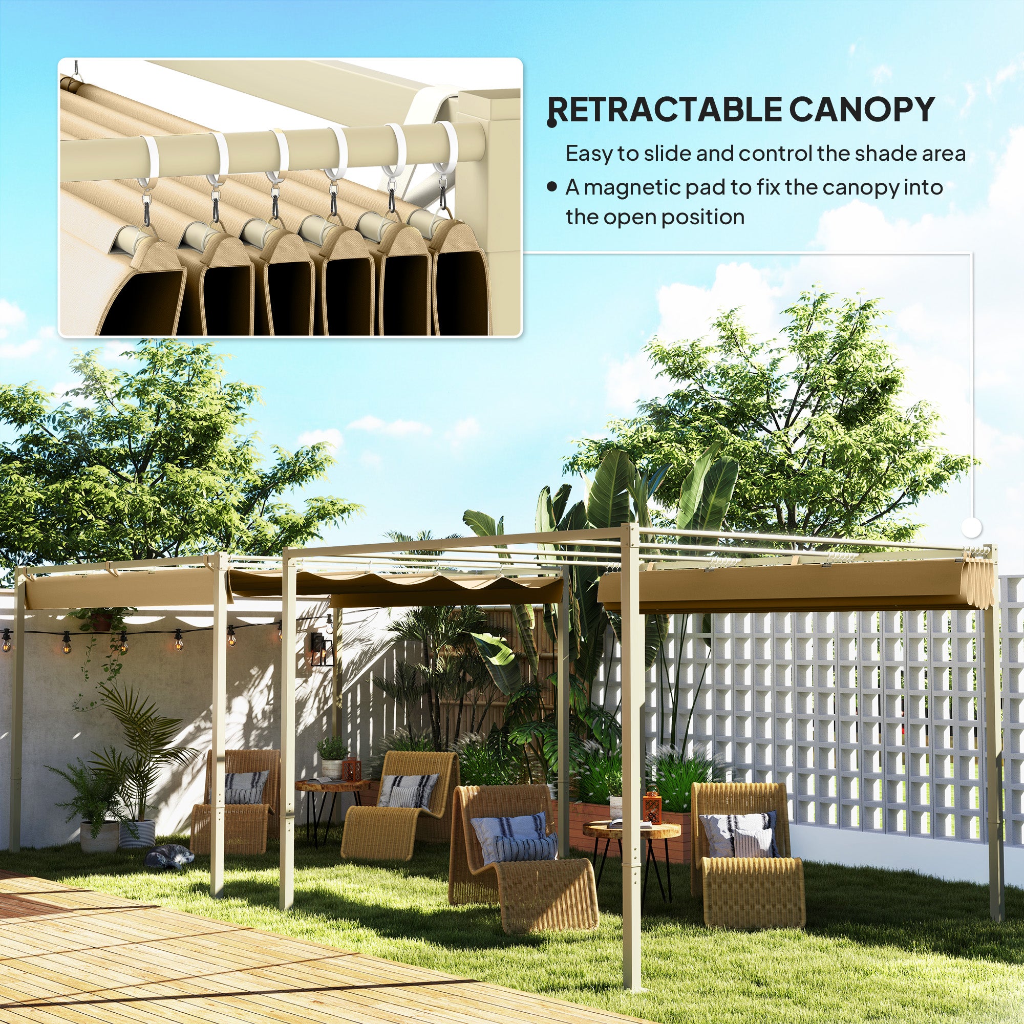 Pergola 3 x 3m Retractable Roof Metal - Khaki