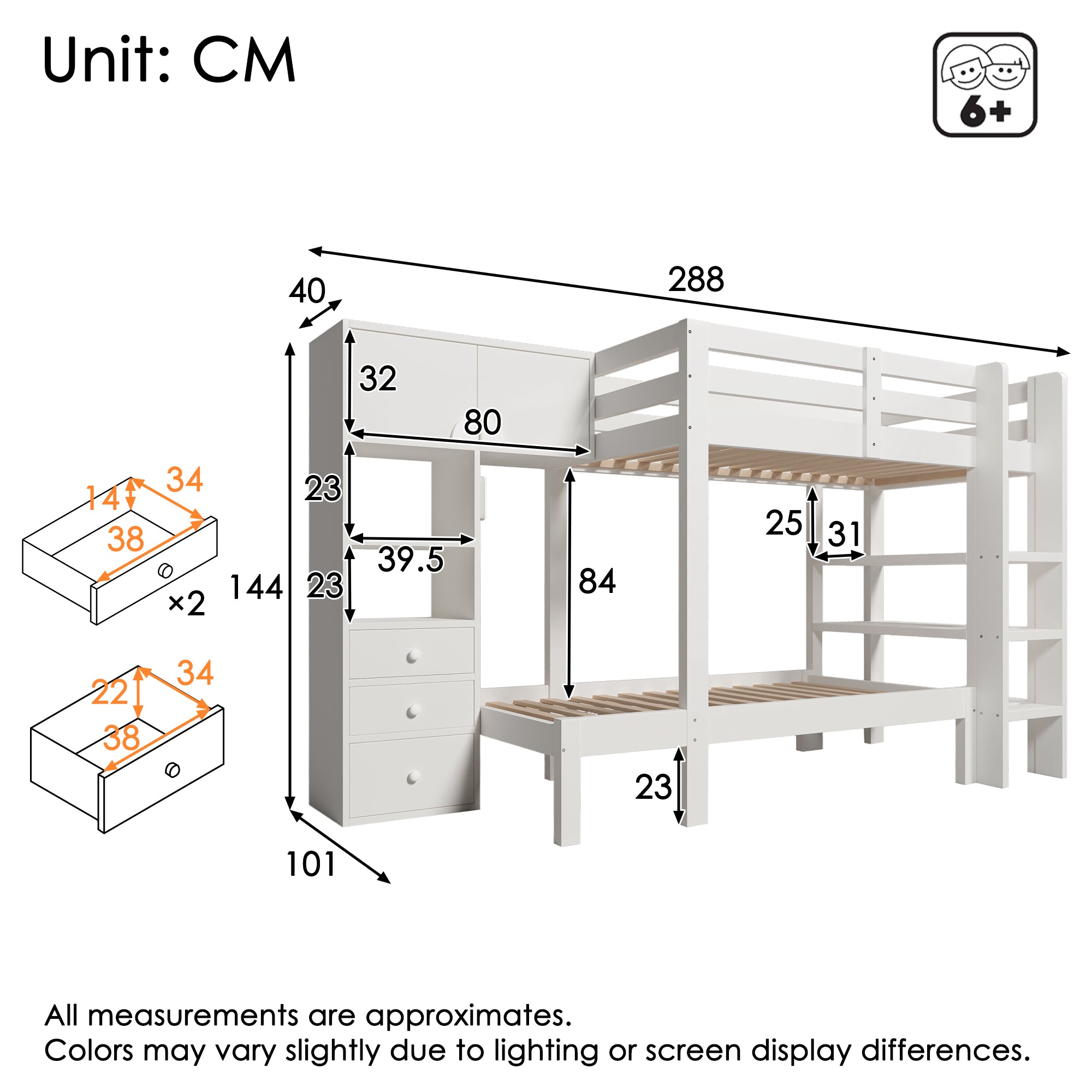 Bunk Bed 90x200cm Staggered Design Smart Night Light Wardrobe Storage, White
