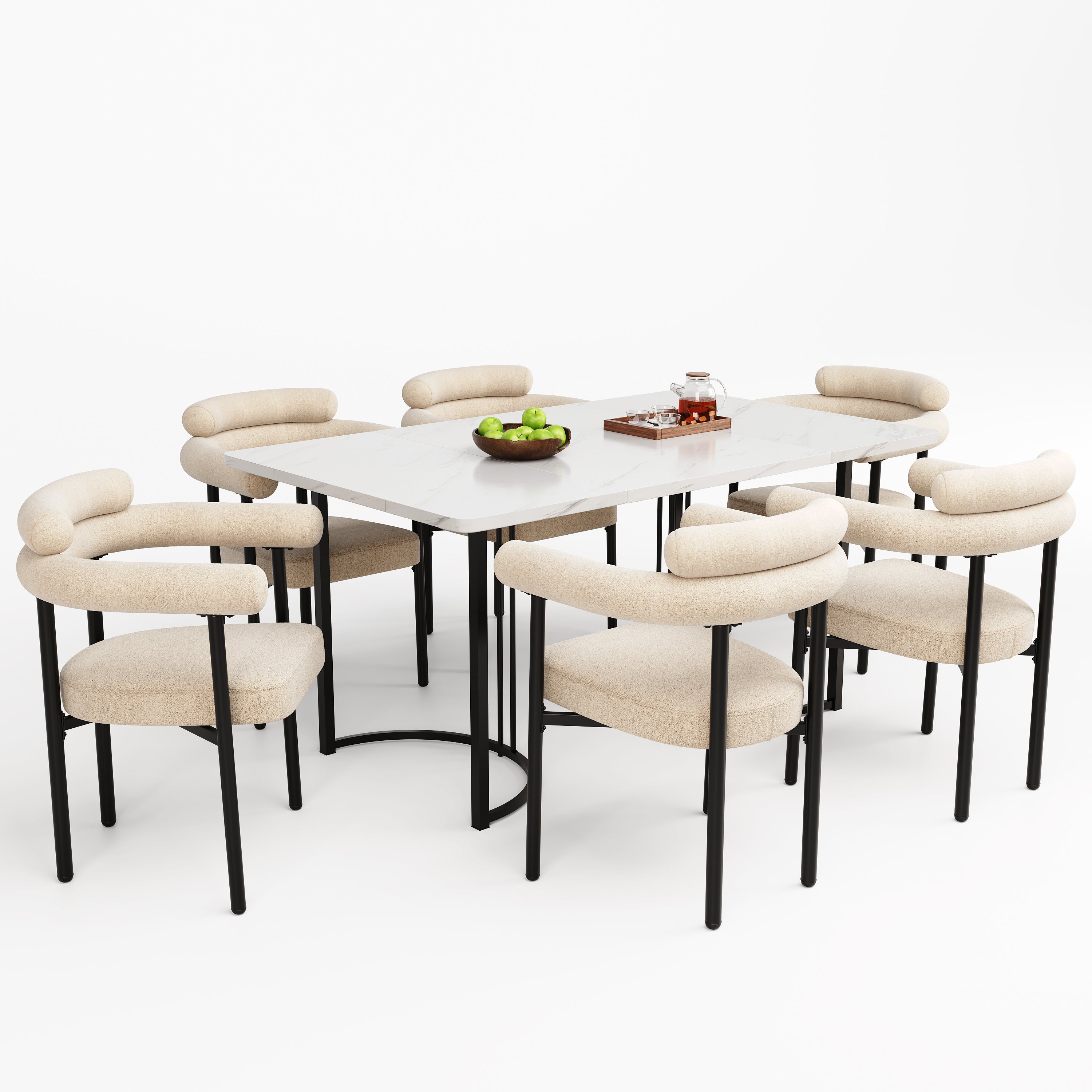 Dining Table and Chair Set 7-Piece Metal Legs 6 Armchairs Suede Cream