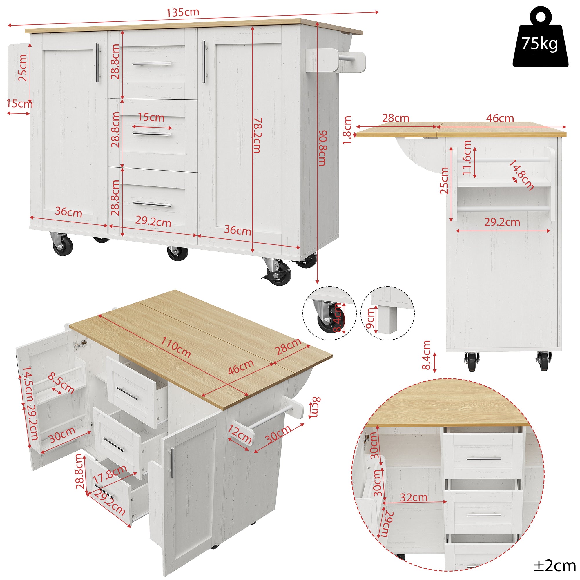 Kitchen Island Mobile Worktop Storage Removable Partitions - White