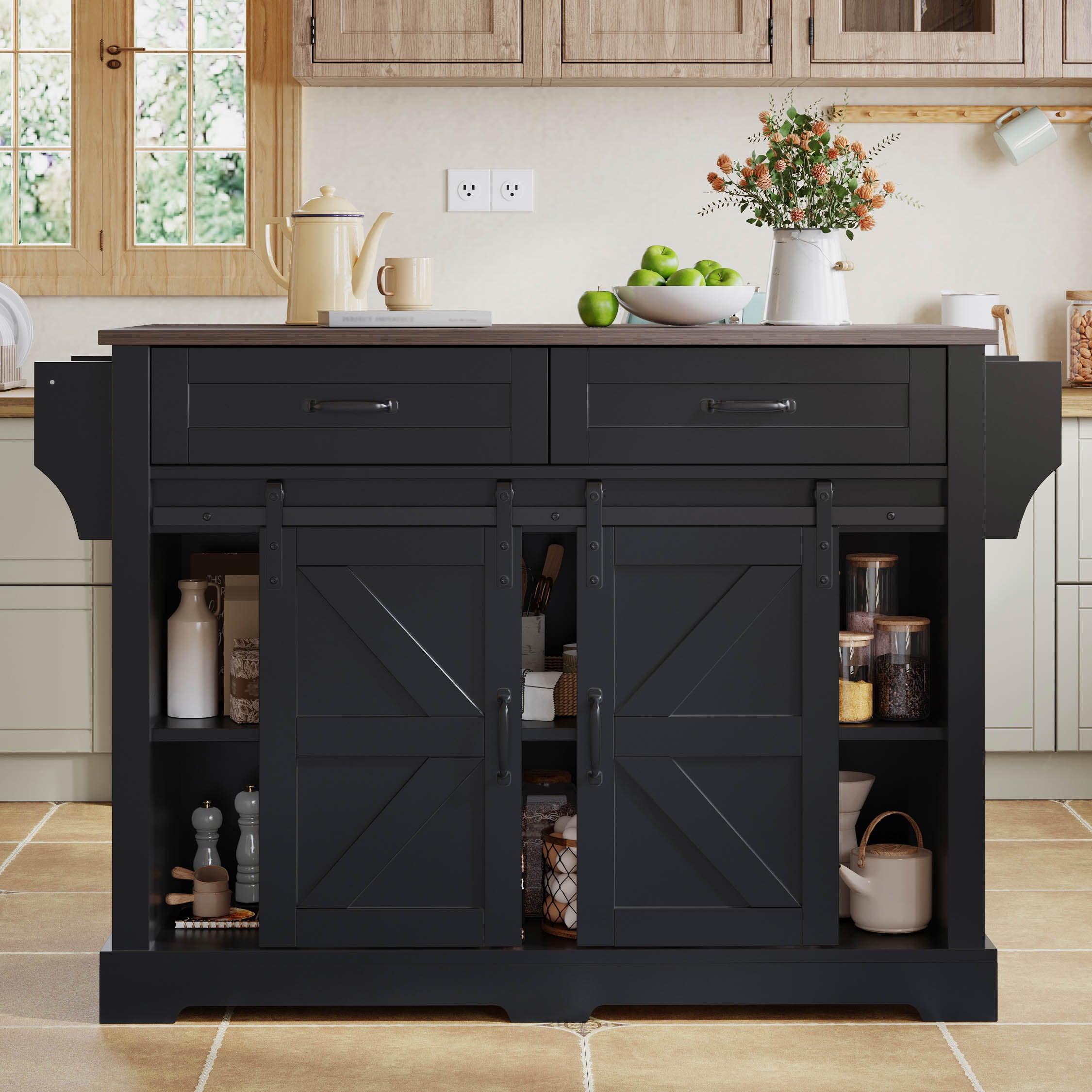 Kitchen Island with Fold-Down Worktop and Sliding Barn Doors, Black