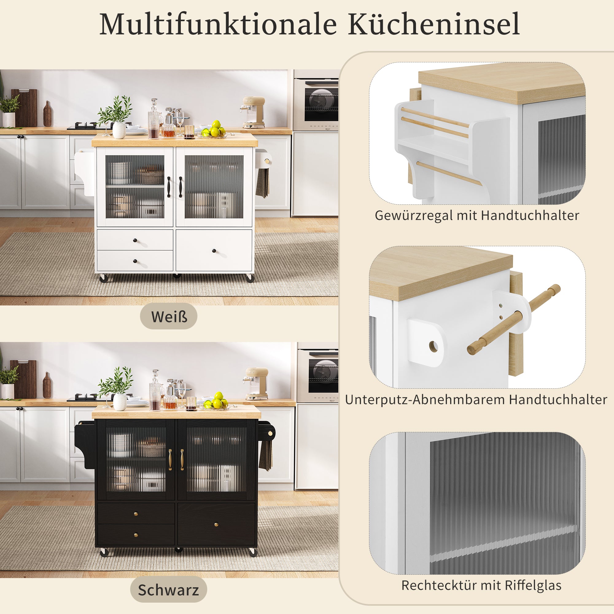 Mobile Kitchen Island Extendable Table Wheels Wine Glass Holder Storage - White