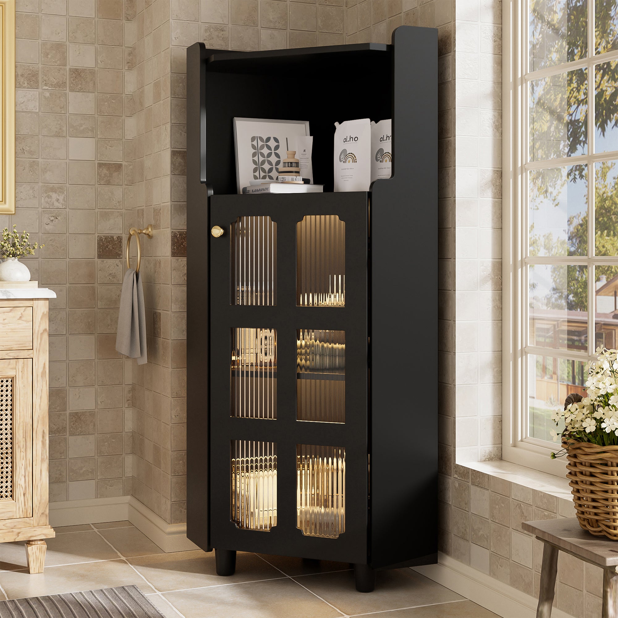 Corner Cabinet Modern LED App Control Storage - Black Lacquer