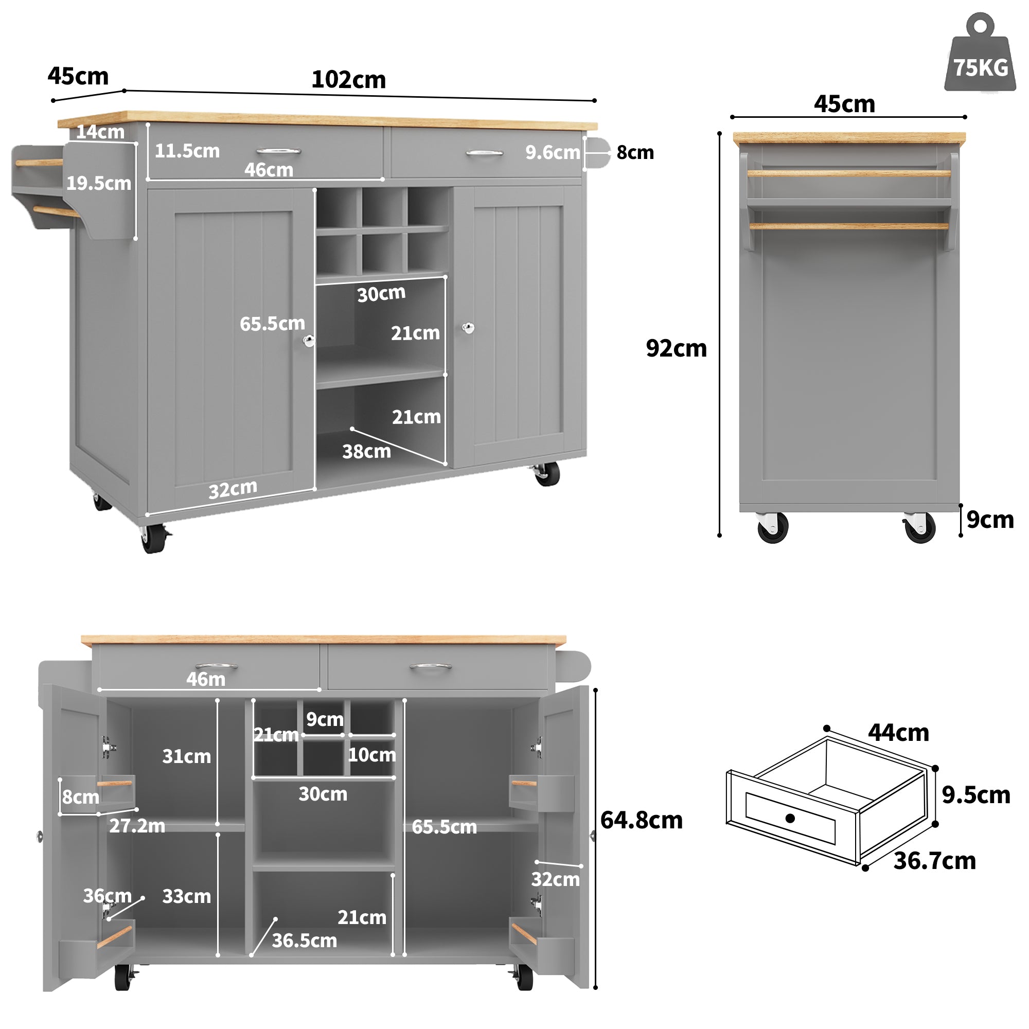 Kitchen Island Multifunctional Dining Table Storage Wood Grain - Grey
