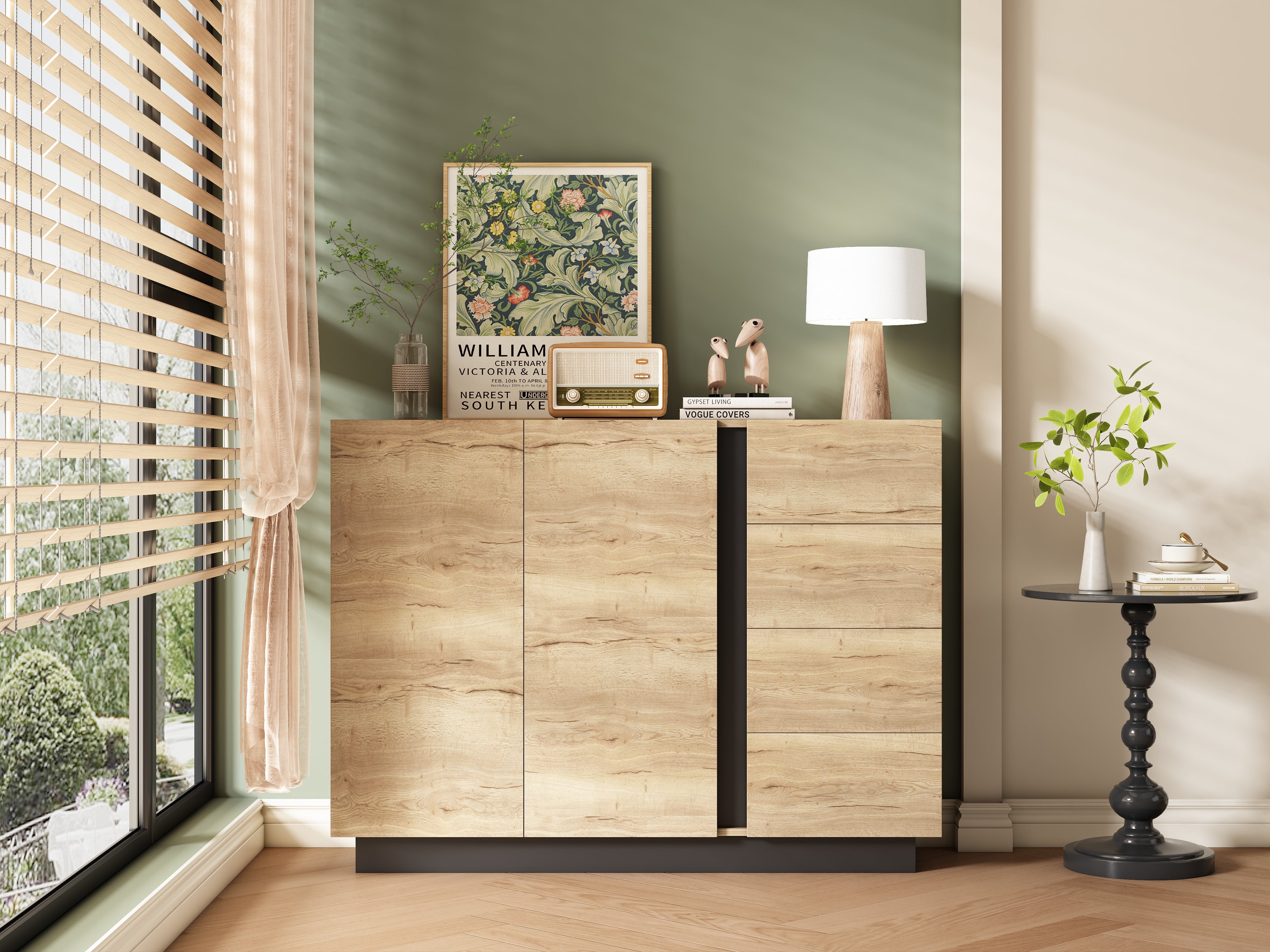 Chest of Drawers Sideboard Storage Cabinet 4 Drawers 2 Doors Black and Natural