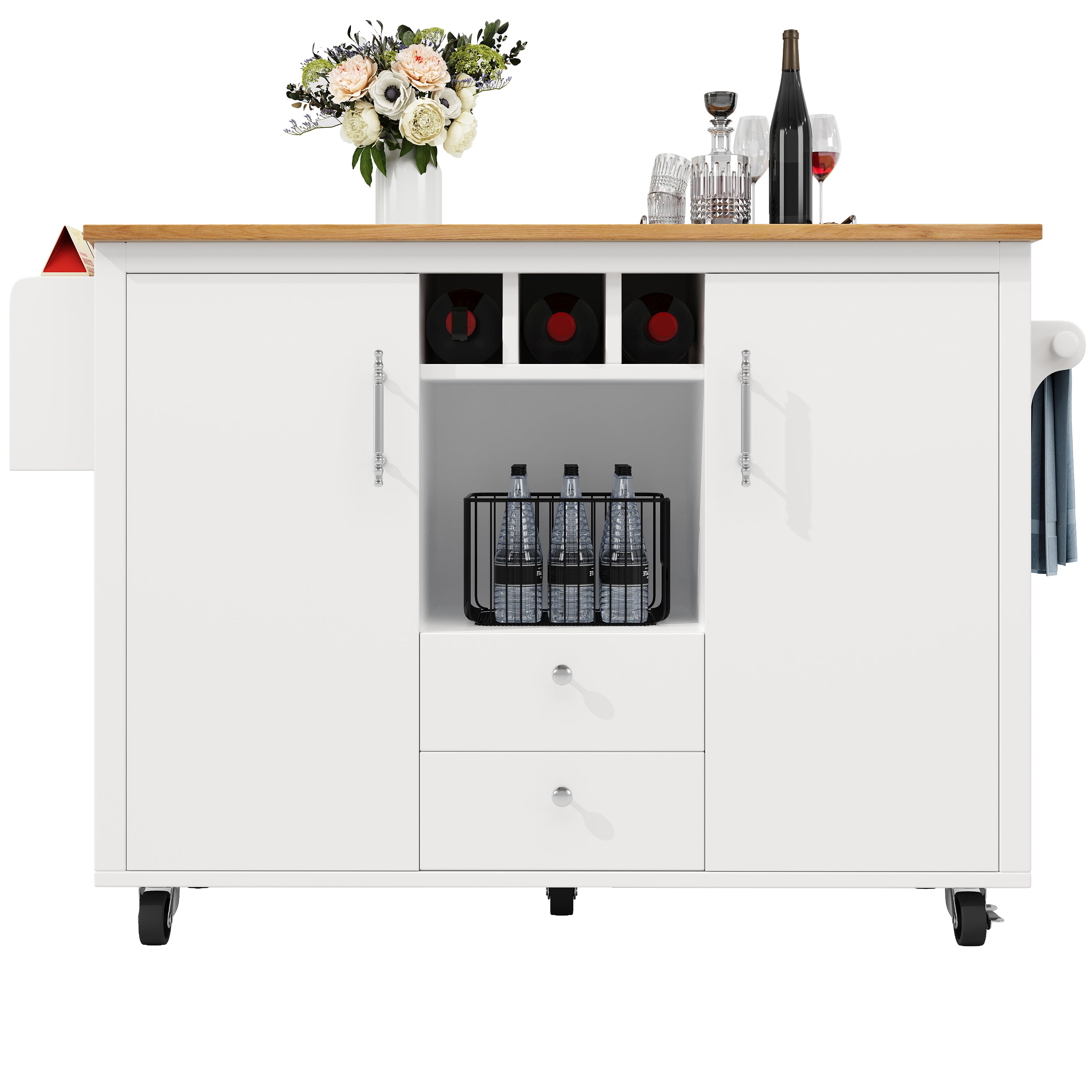 Kitchen Island Trolley with Fold-Down Worktop Storage & Adjustable Shelves - White/Black