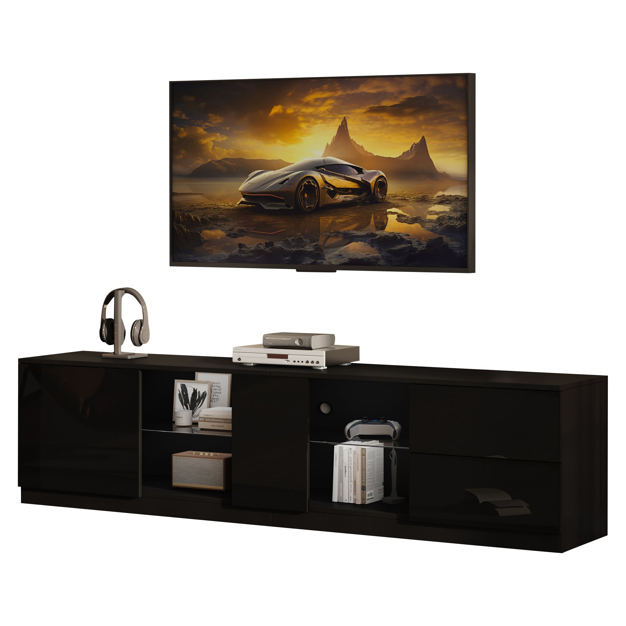 TV Stand, 160x40x52cm LED Lighting for 65" TVs, High-Gloss Black