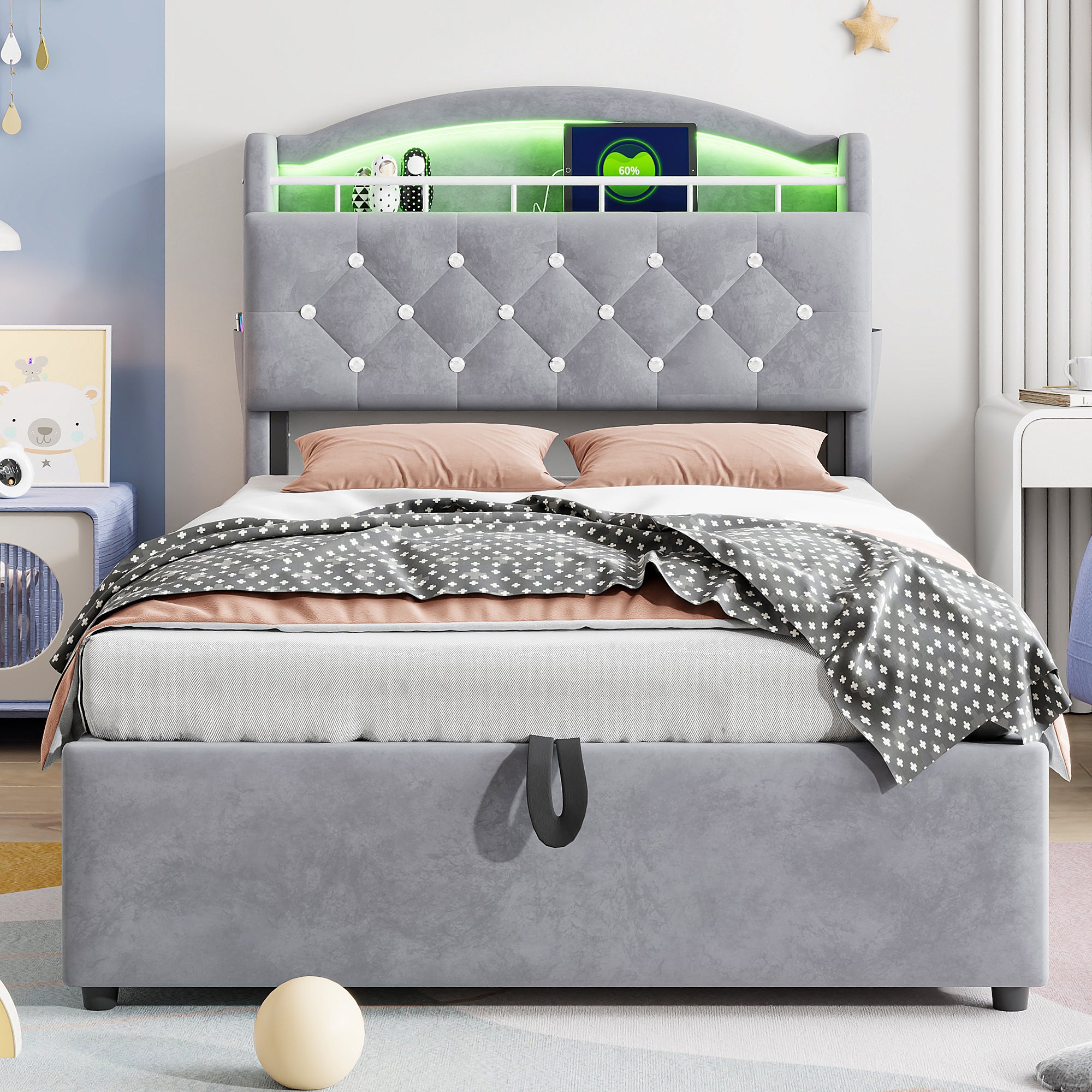 Children's Upholstered Bed, 90x200 Single with Storage, LED & USB, Grey Velvet