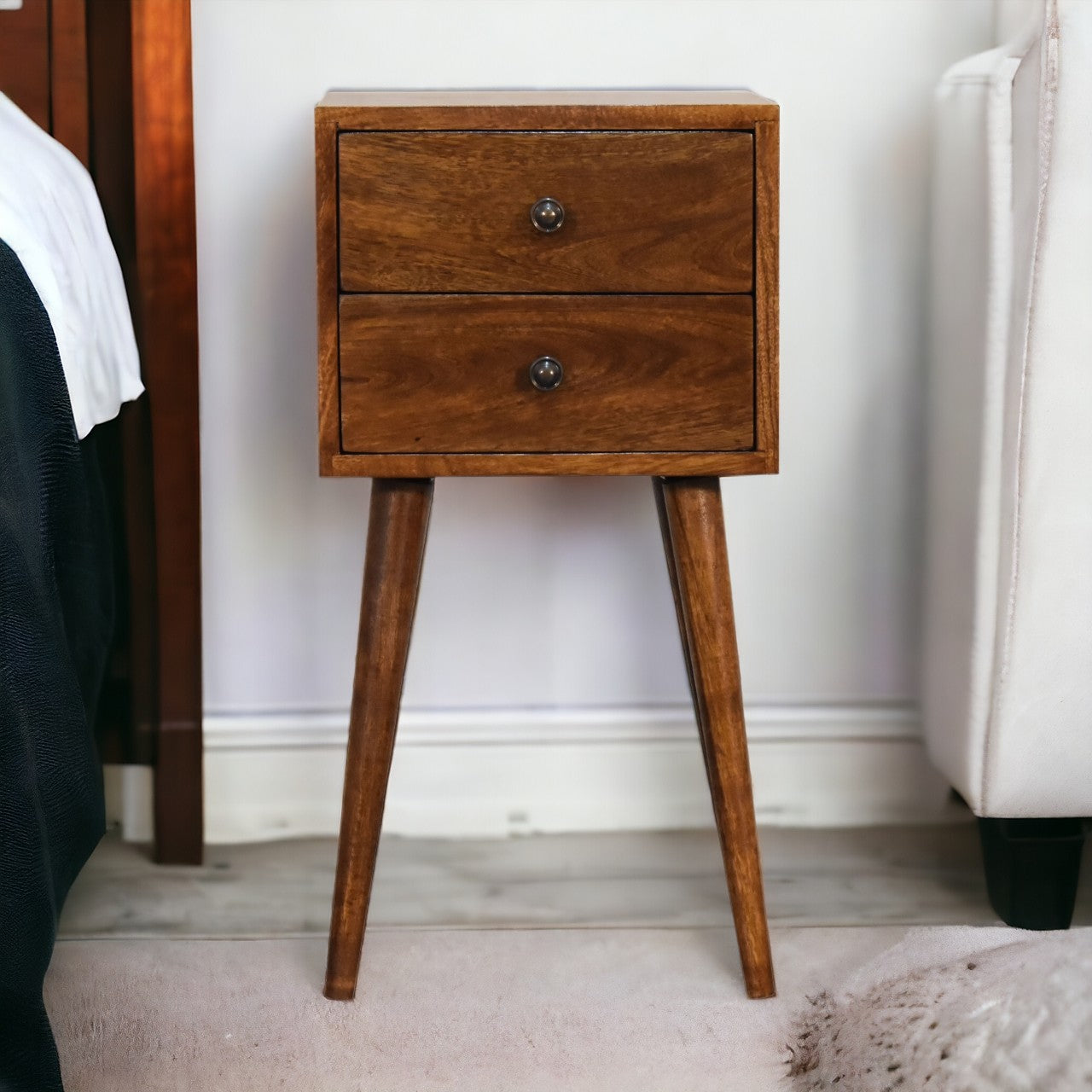 Solid Wood Mini Chestnut Bedside, 2 Drawers, Dark Brown