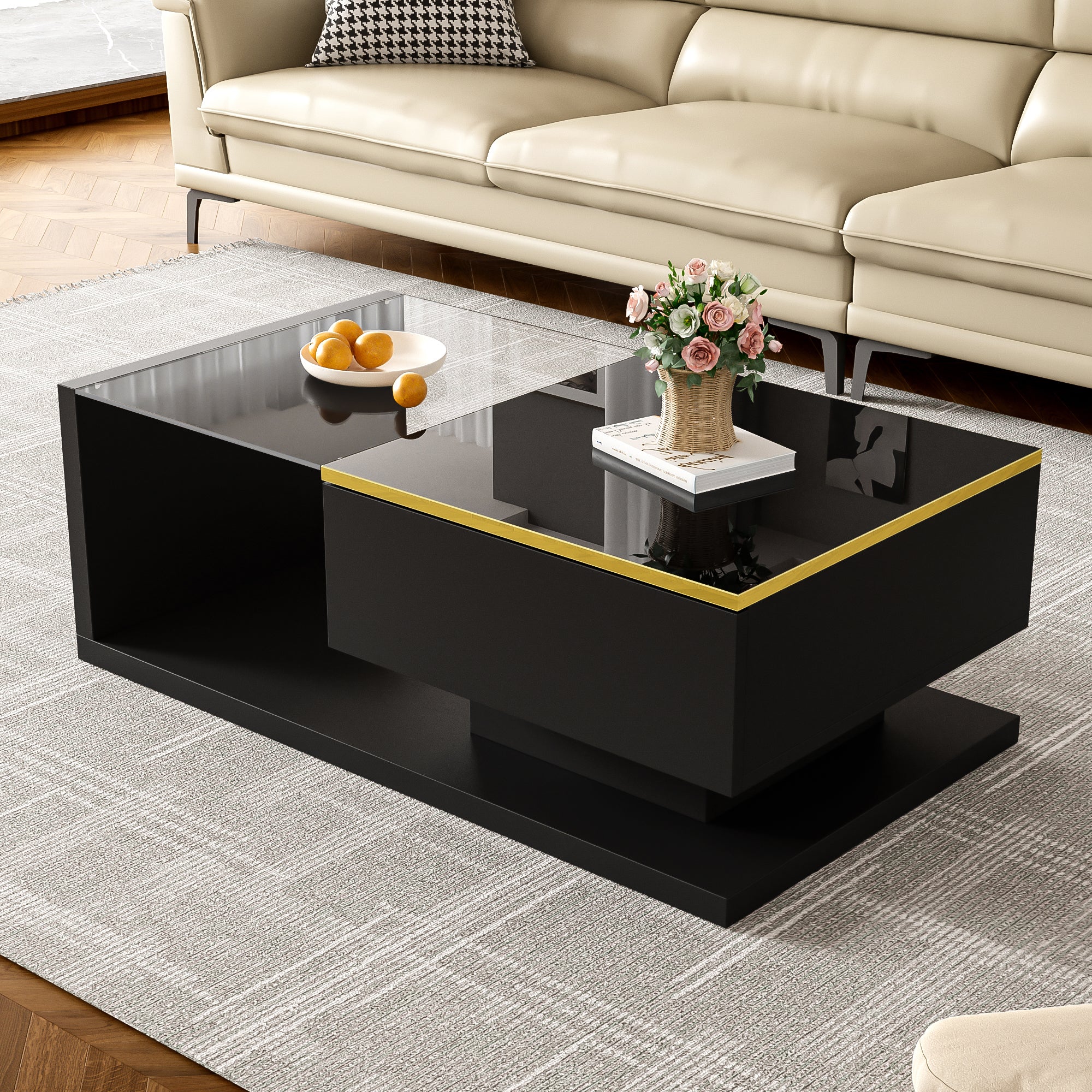 90 cm Coffee Table with Glass & LED, High-Gloss Black