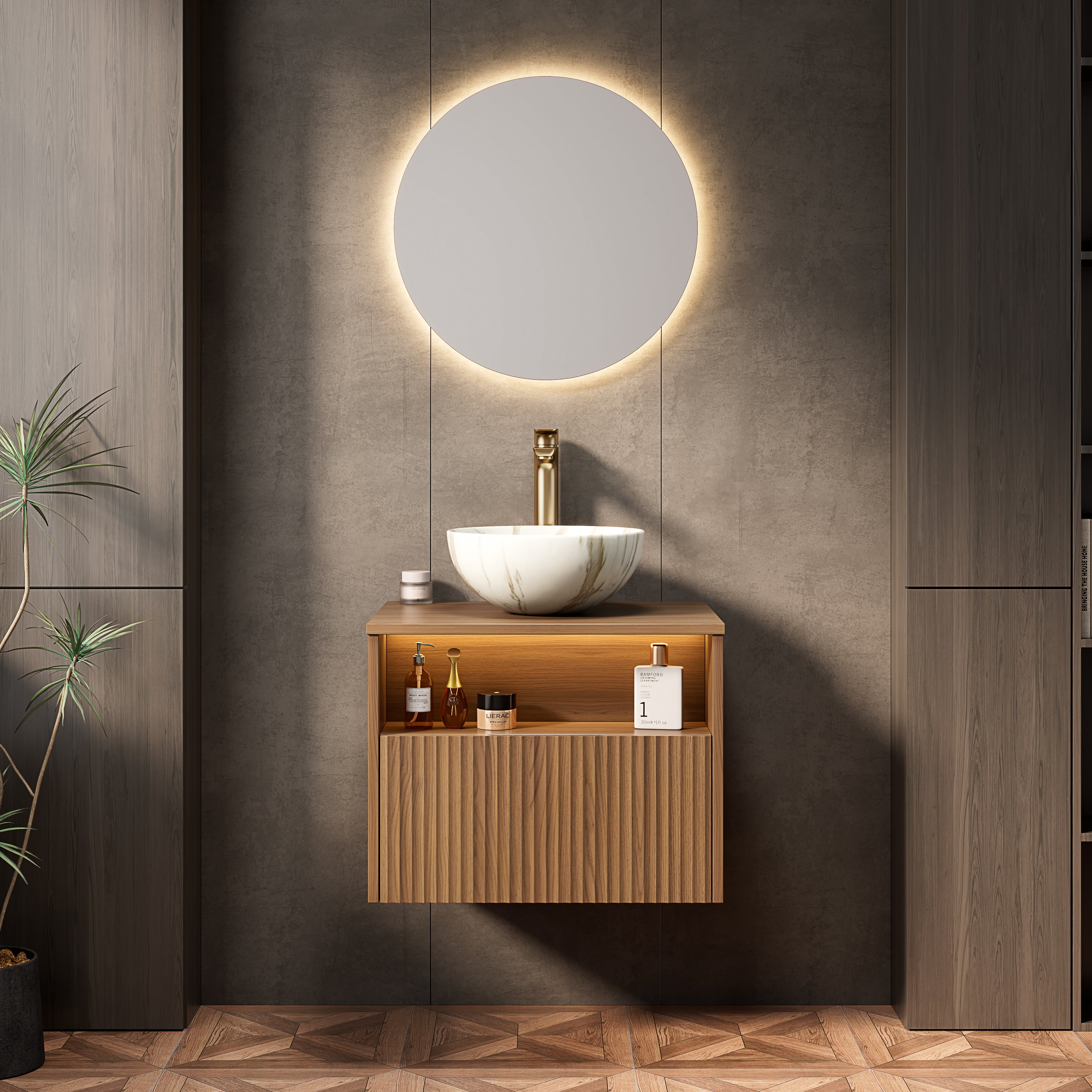 Floating Bathroom Sink with 60cm Ceramic Bowl and Sensor Light, Espresso Wood Grain