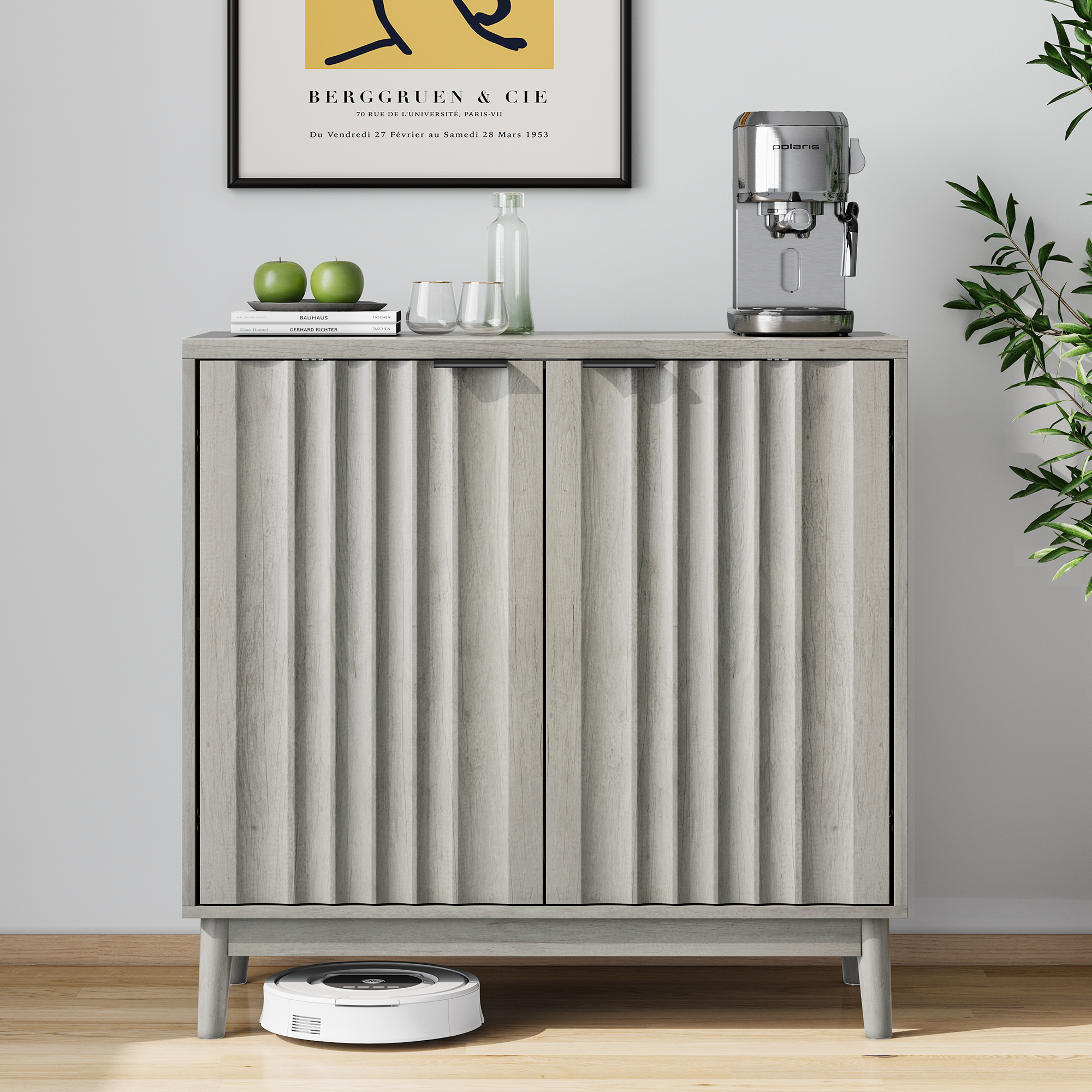 Grooved Edge Cabinet, Independent Wash Buffet with Adjustable Shelves, Wooden, Gray