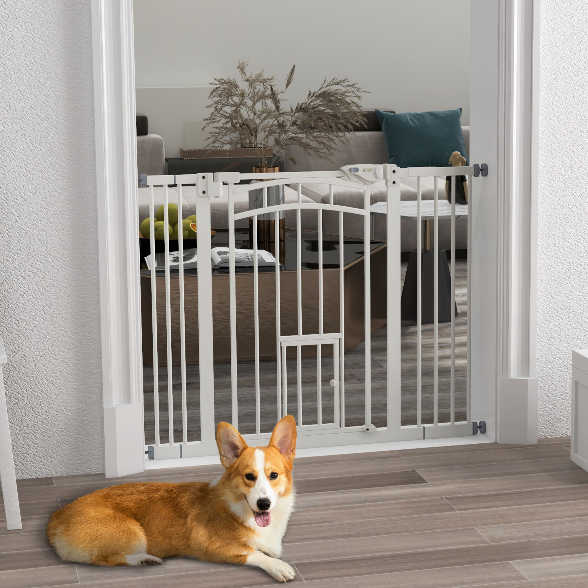 Stair Gate for Dogs, Automatic Closing, Cat Flap, Drill-Free, 74-100cm, White