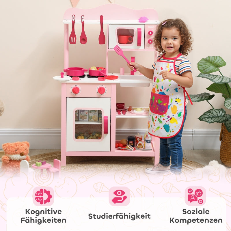 Children's Play Kitchen with Wooden Accessories and Sound Effects, Pink