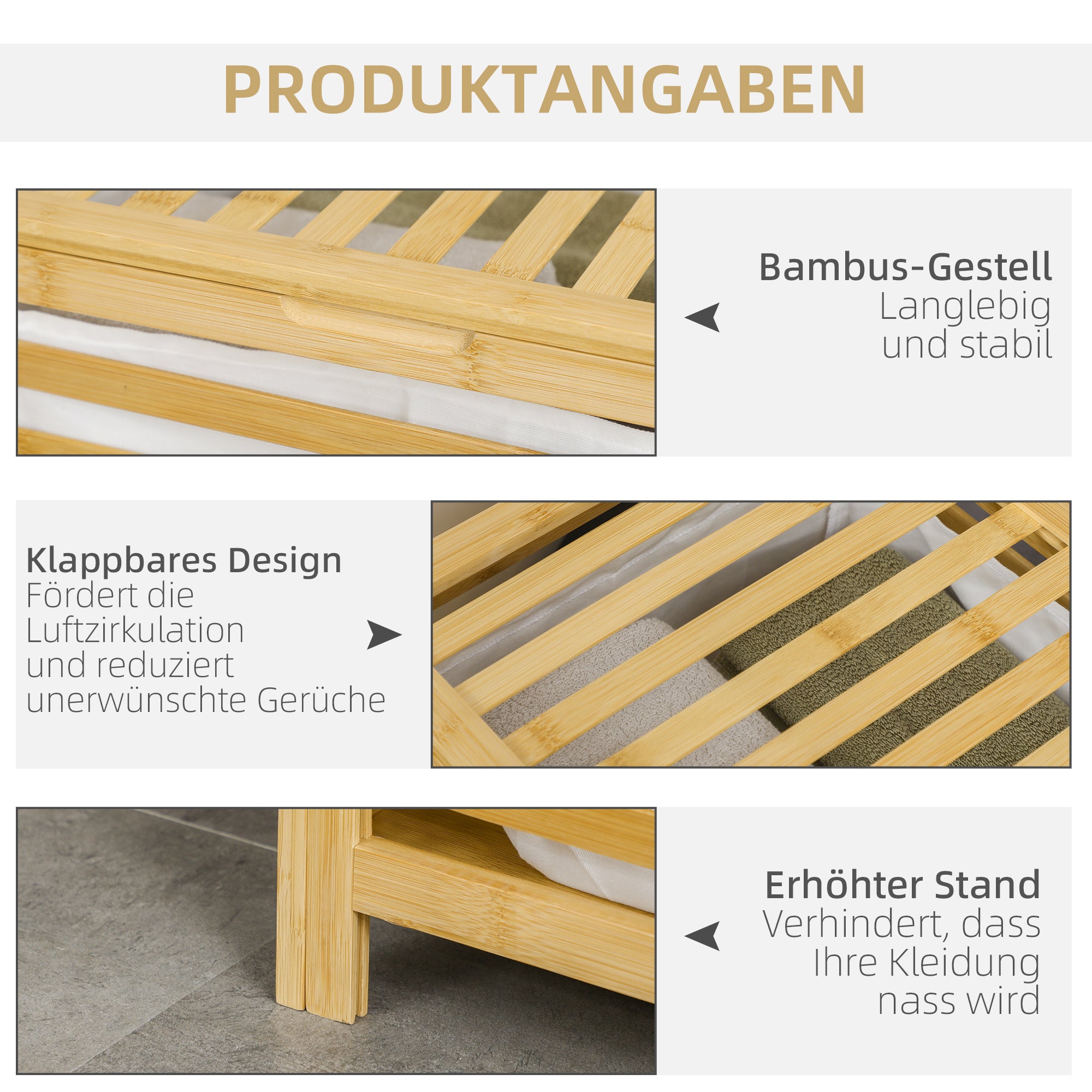 Laundry Basket 55L with Lid and Removable Bag, Bamboo