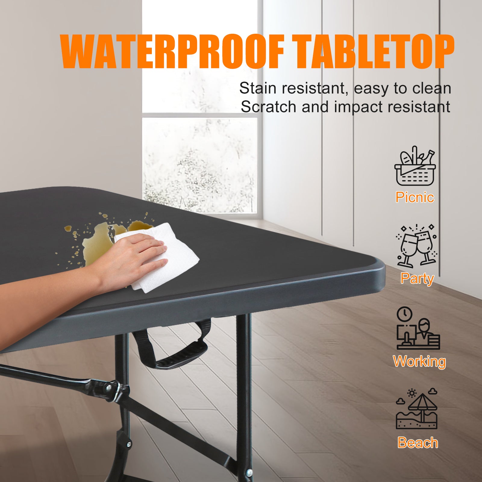 Folding Table 180cm, Portable Heavy Duty Multi-Functional, Black