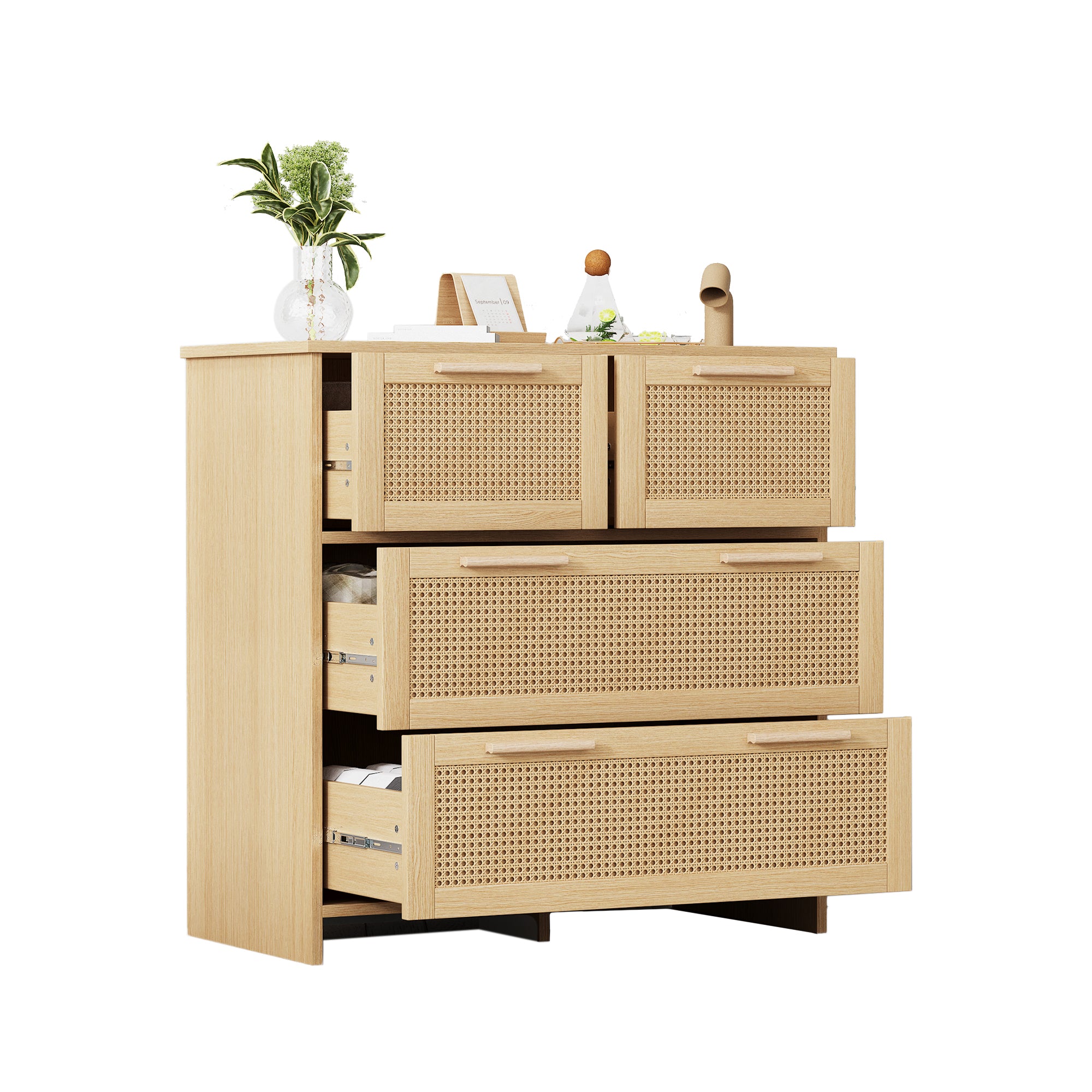 4-drawer rattan cabinet with solid wood handles - suitable for bedroom, living room, dining room, hallway, W80/H80/D38 cm.