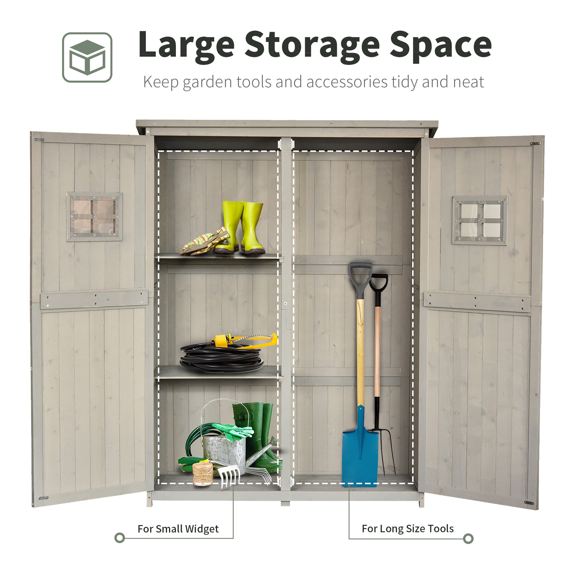 Wooden Garden Shed, Tool Storage Cabinet Outdoor Double Door Organizer, Grey