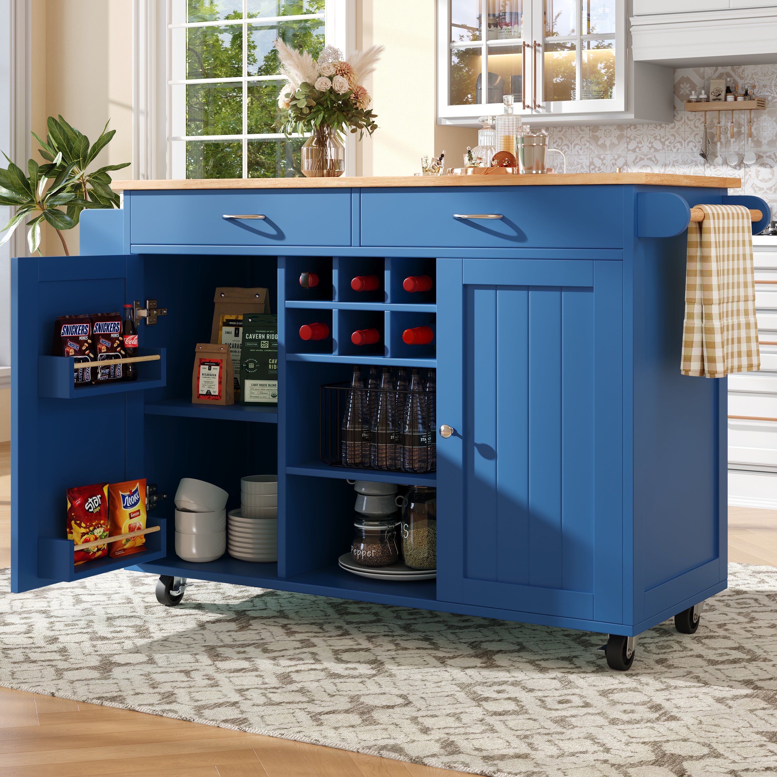 Modern Kitchen Island Dining Table Storage Wood Grain - Blue