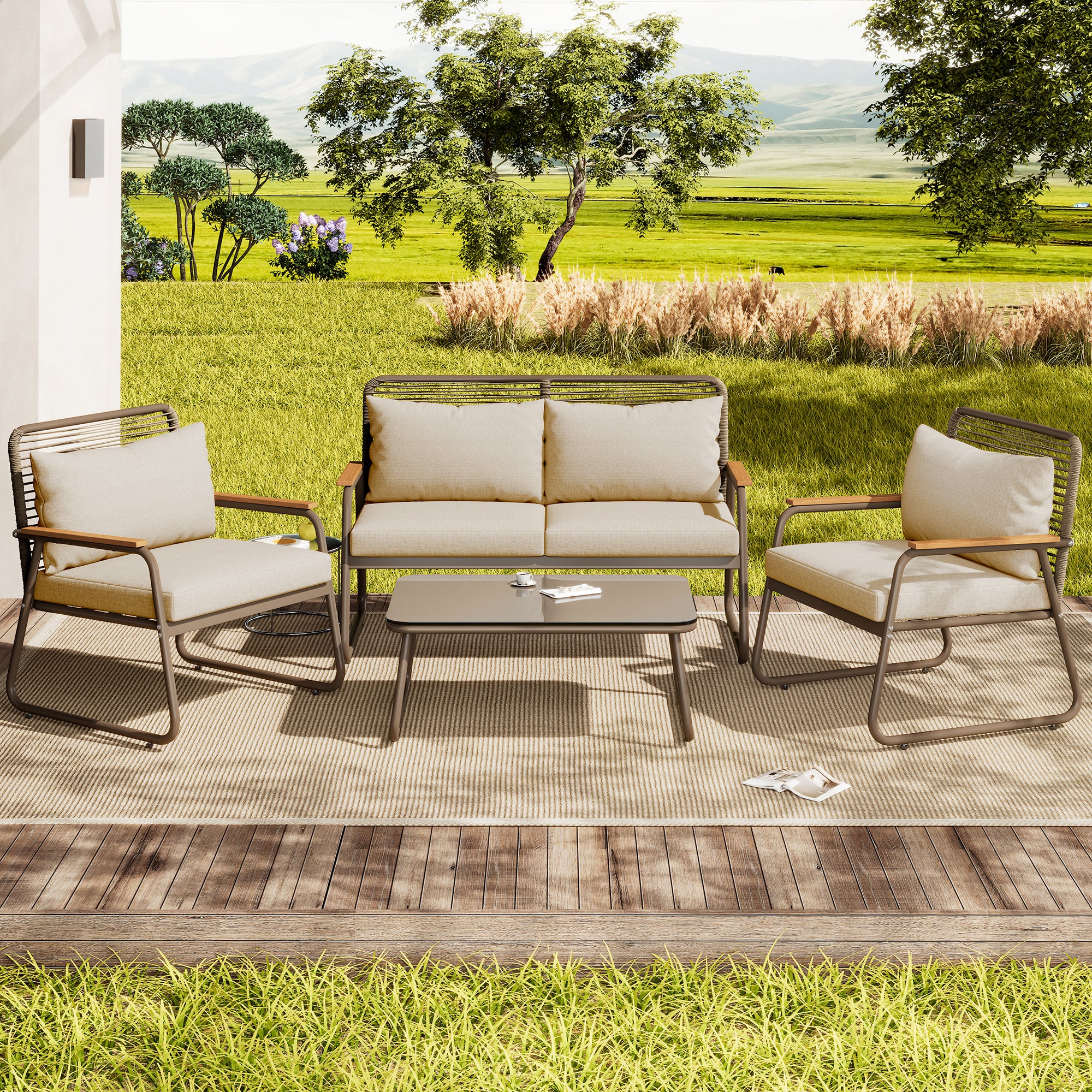 Garden Lounge Set 4 Person Sofa Table Adjustable Legs Tempered Glass - Beige