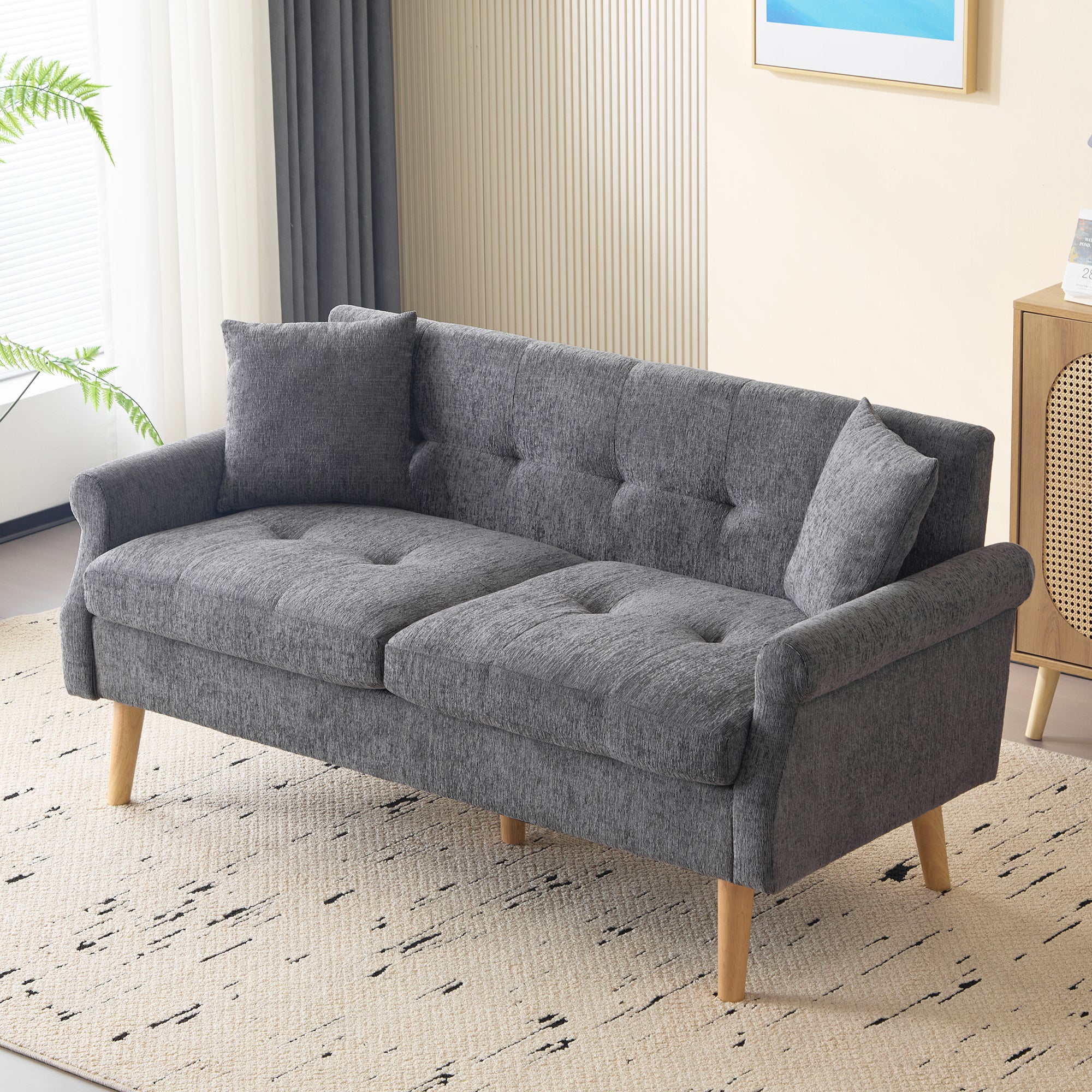 Sofa, Double Upholstered with Thick Cushions, Chenille Fabric