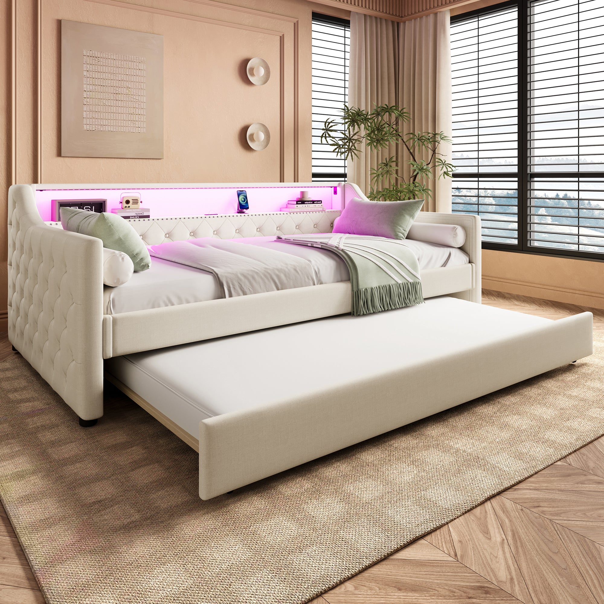 Daybed Sofa Bed 90x200cm Pull-out Bed LED Light USB Charging - Linen Beige