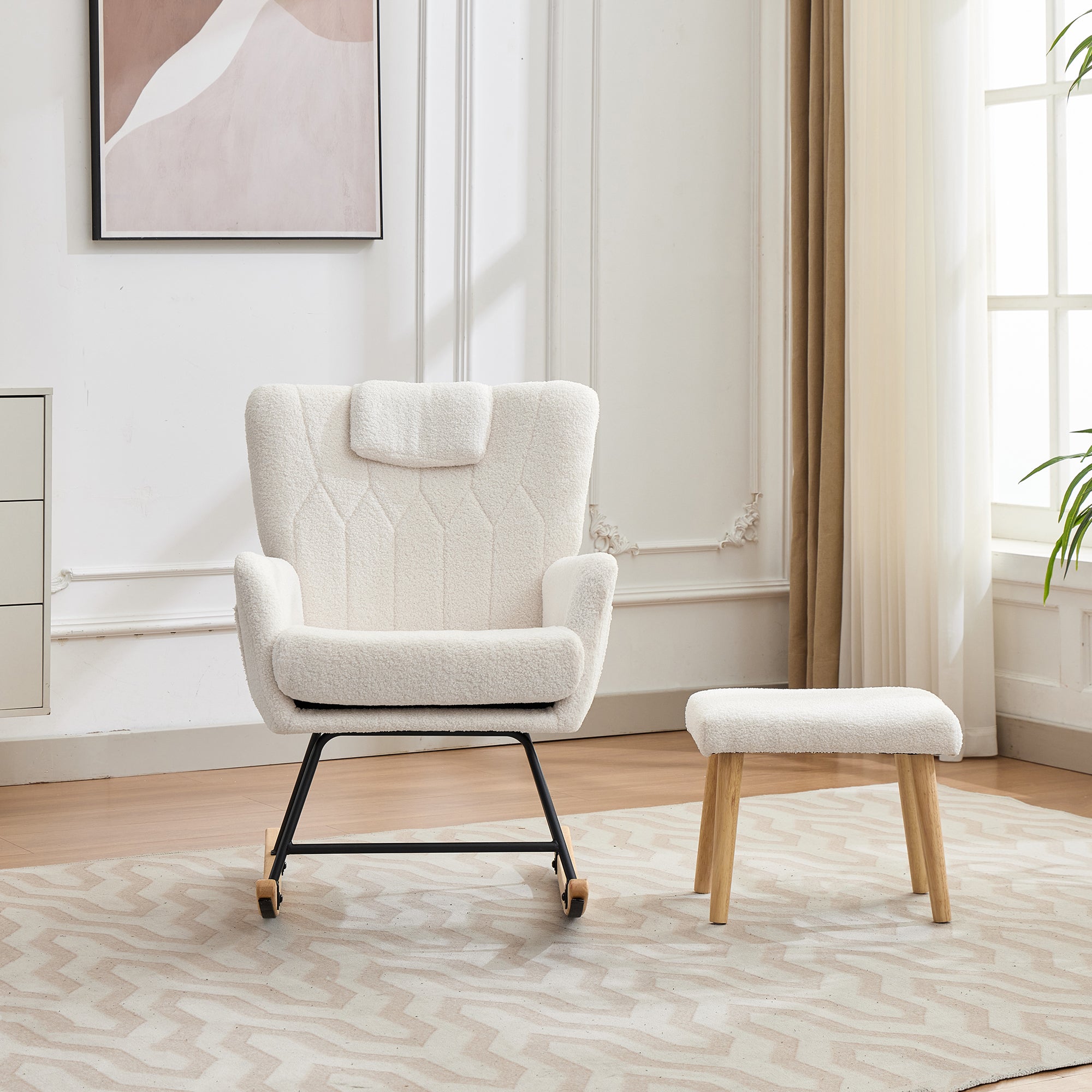 Ergonomic Rocking Chair with Footstool, High Backrest, 30-degree Rock, White Rubberwood