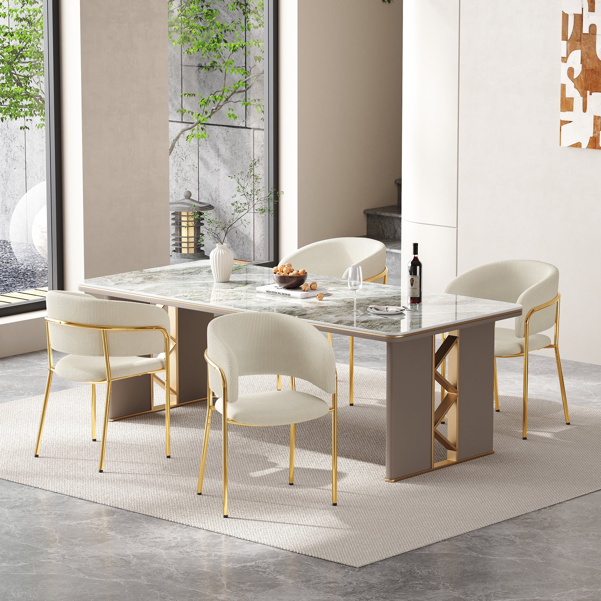 4 Modern Chairs Angled Legs, Adjustable Feet Corduroy Fabric (Beige)