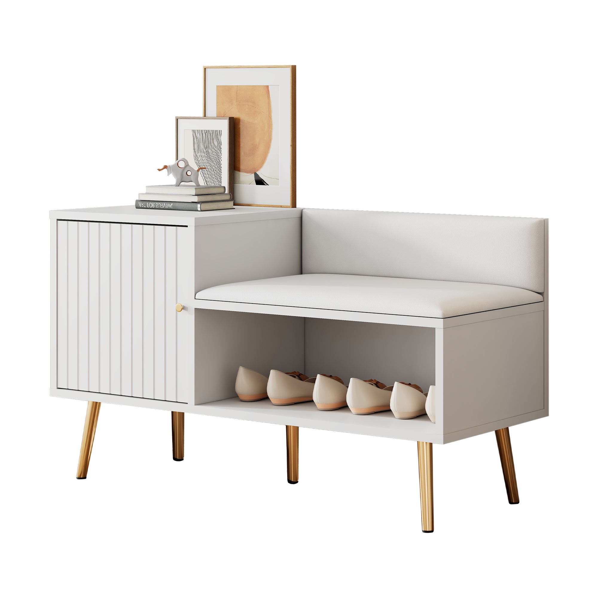 modern luxurious shoe chest with storage, upholstered bench, backrest, metal handles and legs, white