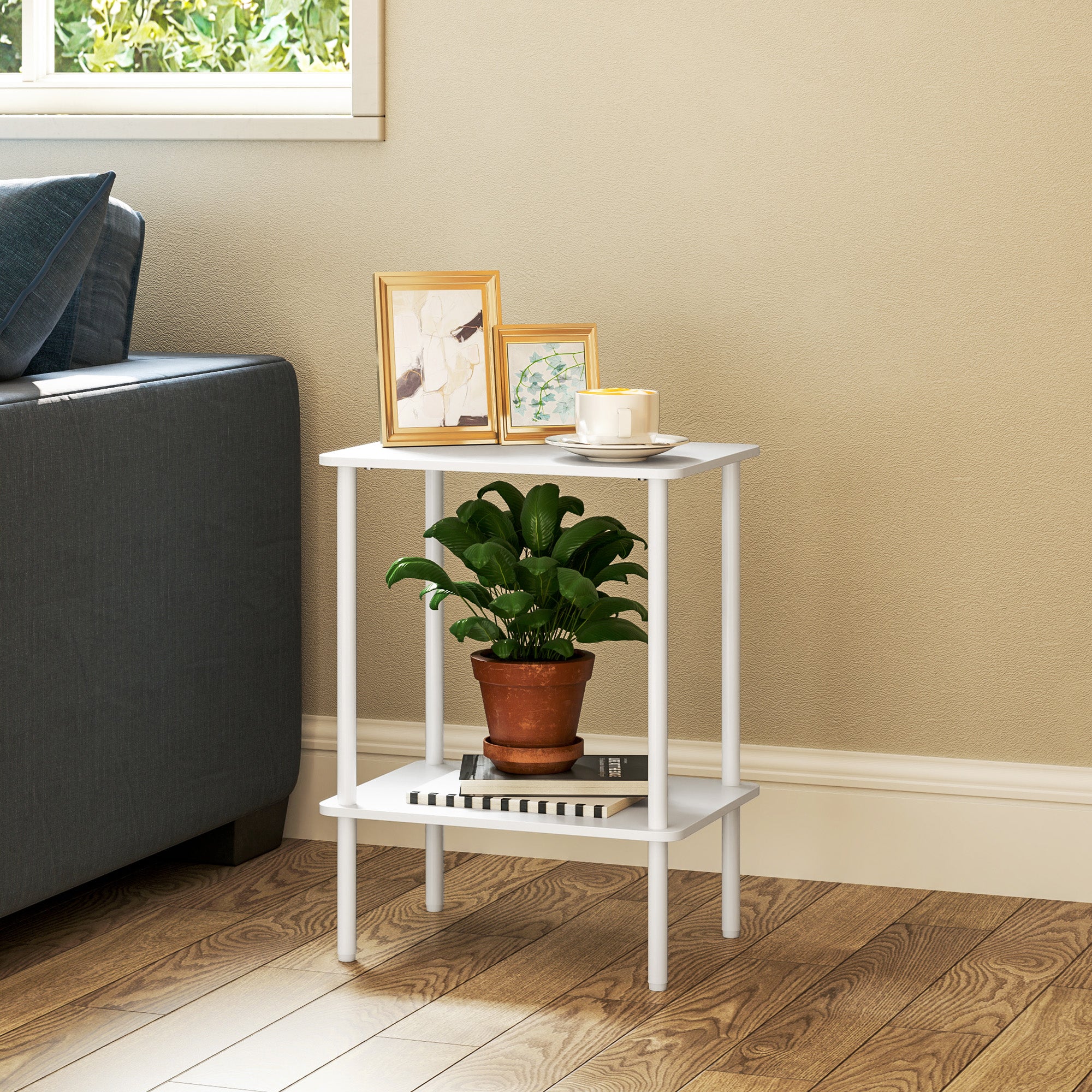 Side Table, 2-Tier Coffee Table with Storage, Metal Frame, White