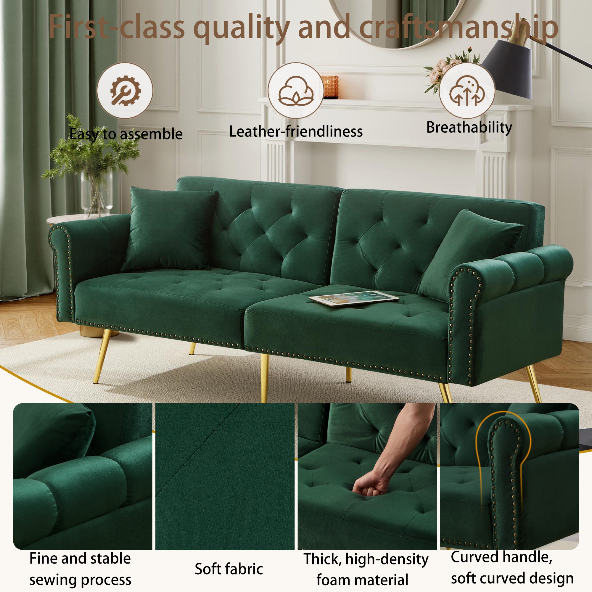 Modern 2-Seater Sofa Bed with 3-Stage Adjustable Backrest, Velvet Upholstery Green