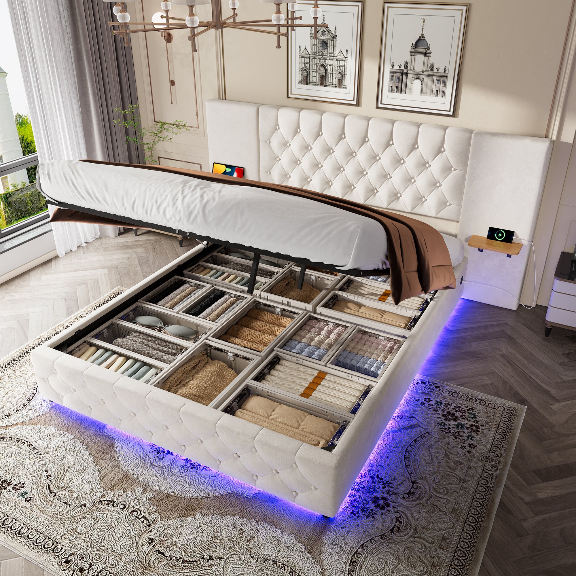 Bed Frame, 160x200cm LED & USB, Hydraulic Lift Storage