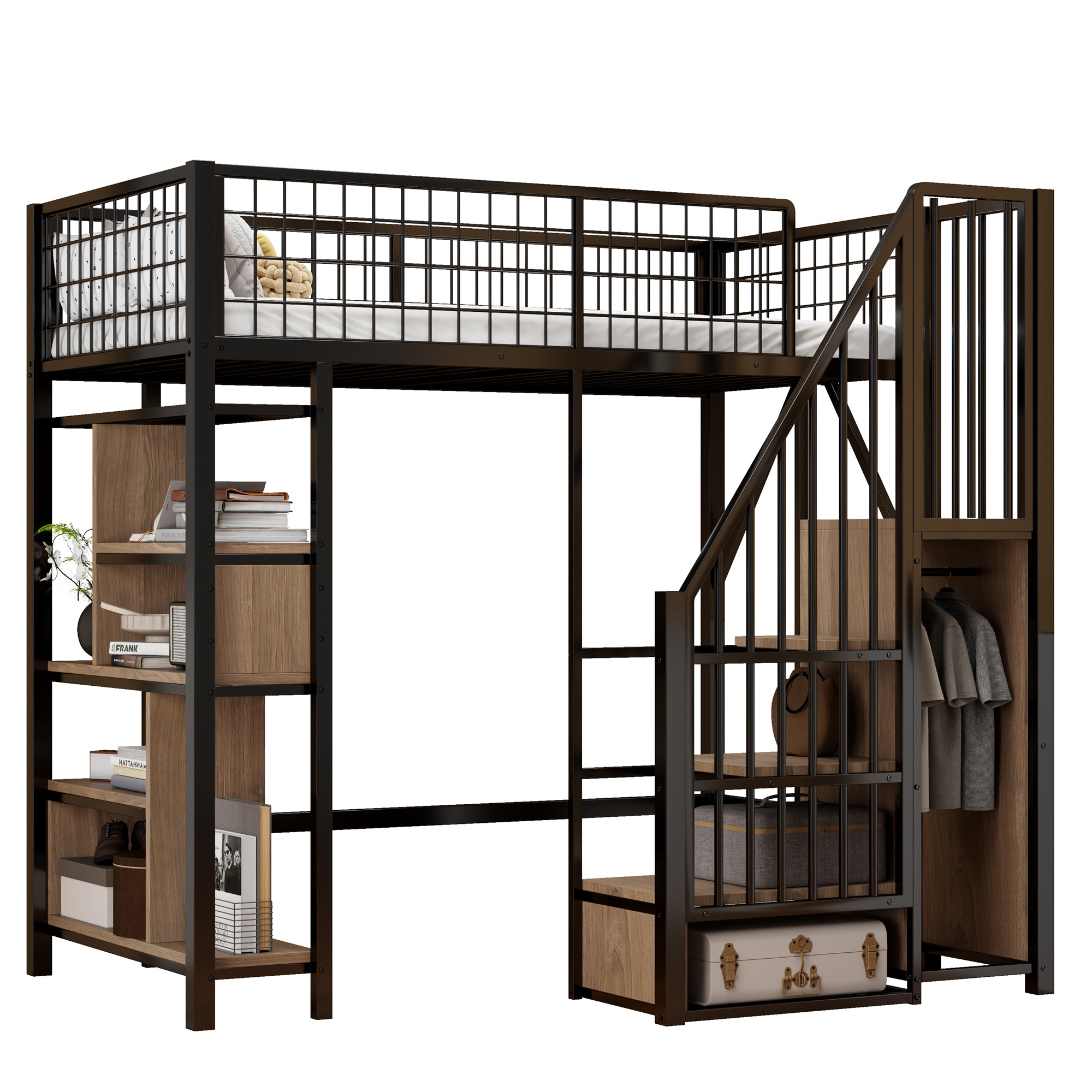 Loft Bed, 90 x 200 cm, Storage, Shelves & Stairs, Metal Black