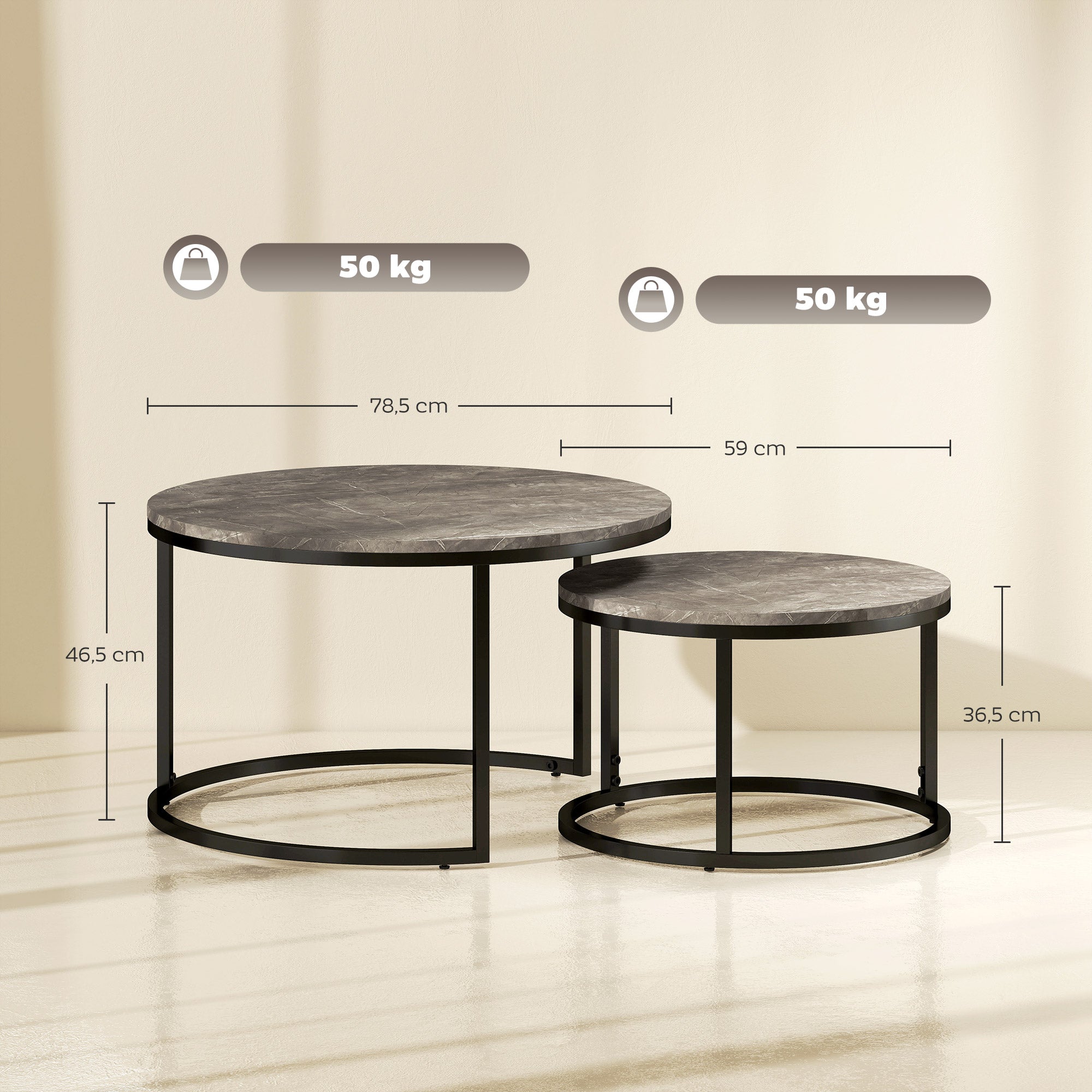 Industrial Nesting Coffee Table Set of 2, Round with Faux Marbled Top and Steel Frame