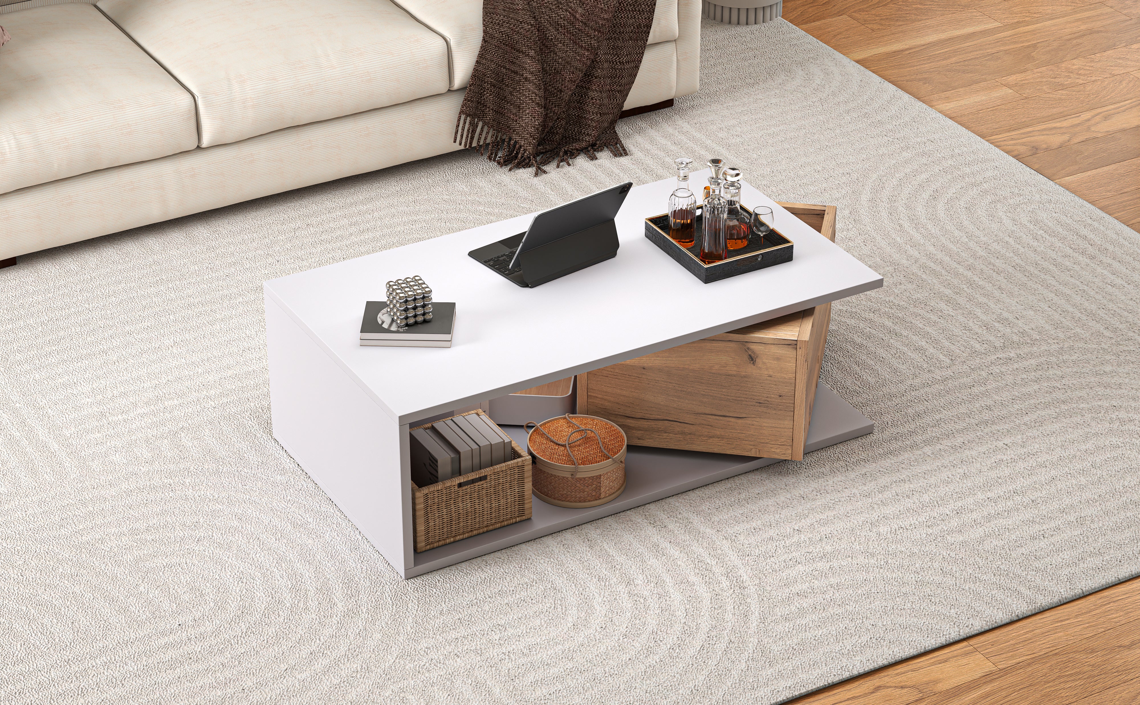 Coffee Table High-Gloss 360° Rotating Drawer Storage 90x50x30cm - White/Wood
