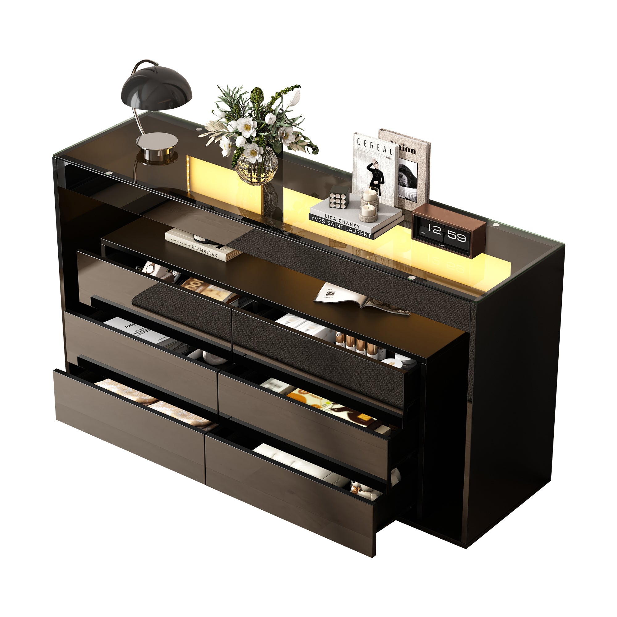 Sideboard, 6-Drawer LED High-Gloss with Tempered Glass Top, Black
