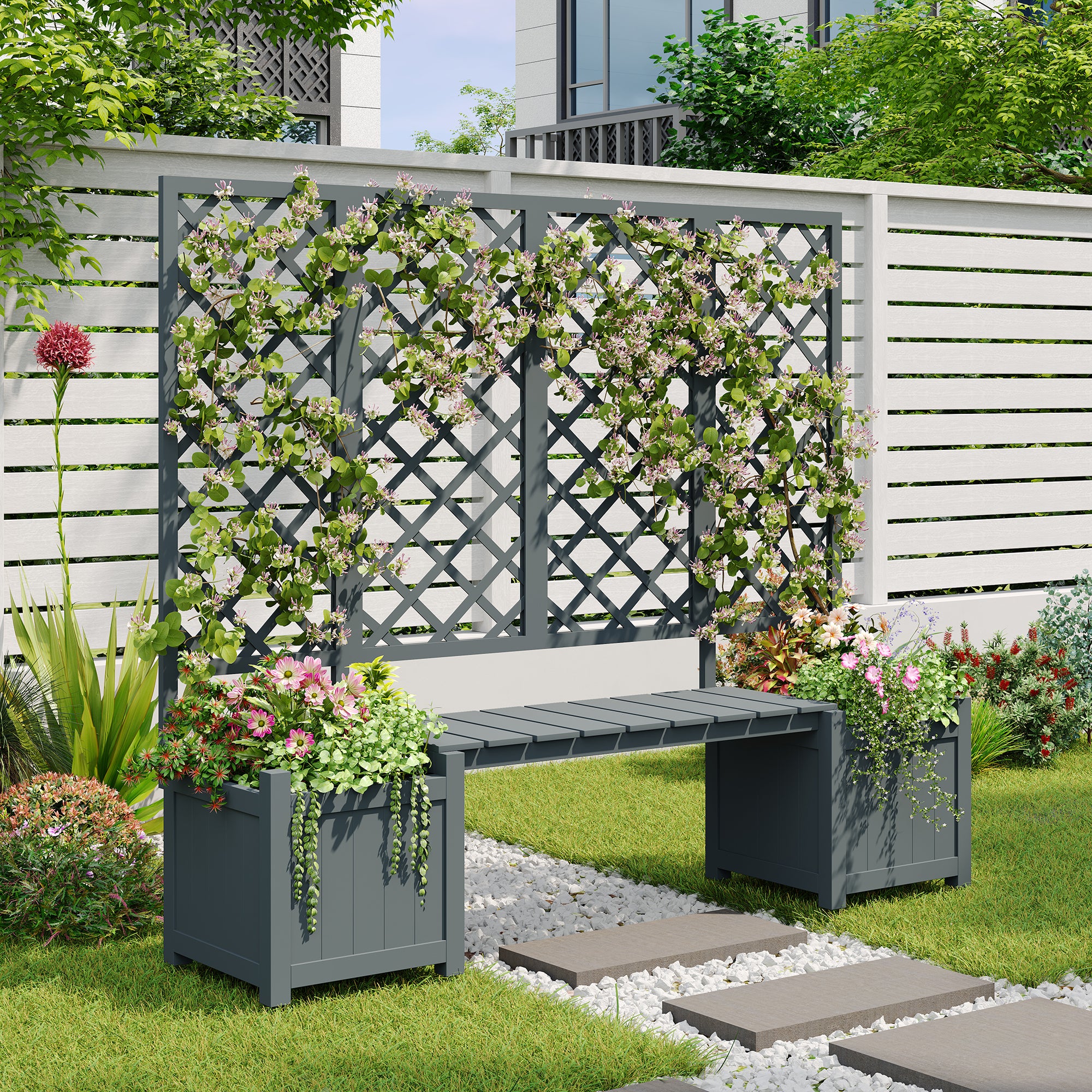 Planter Box with Trellis and Seating - Solid Grey Fir