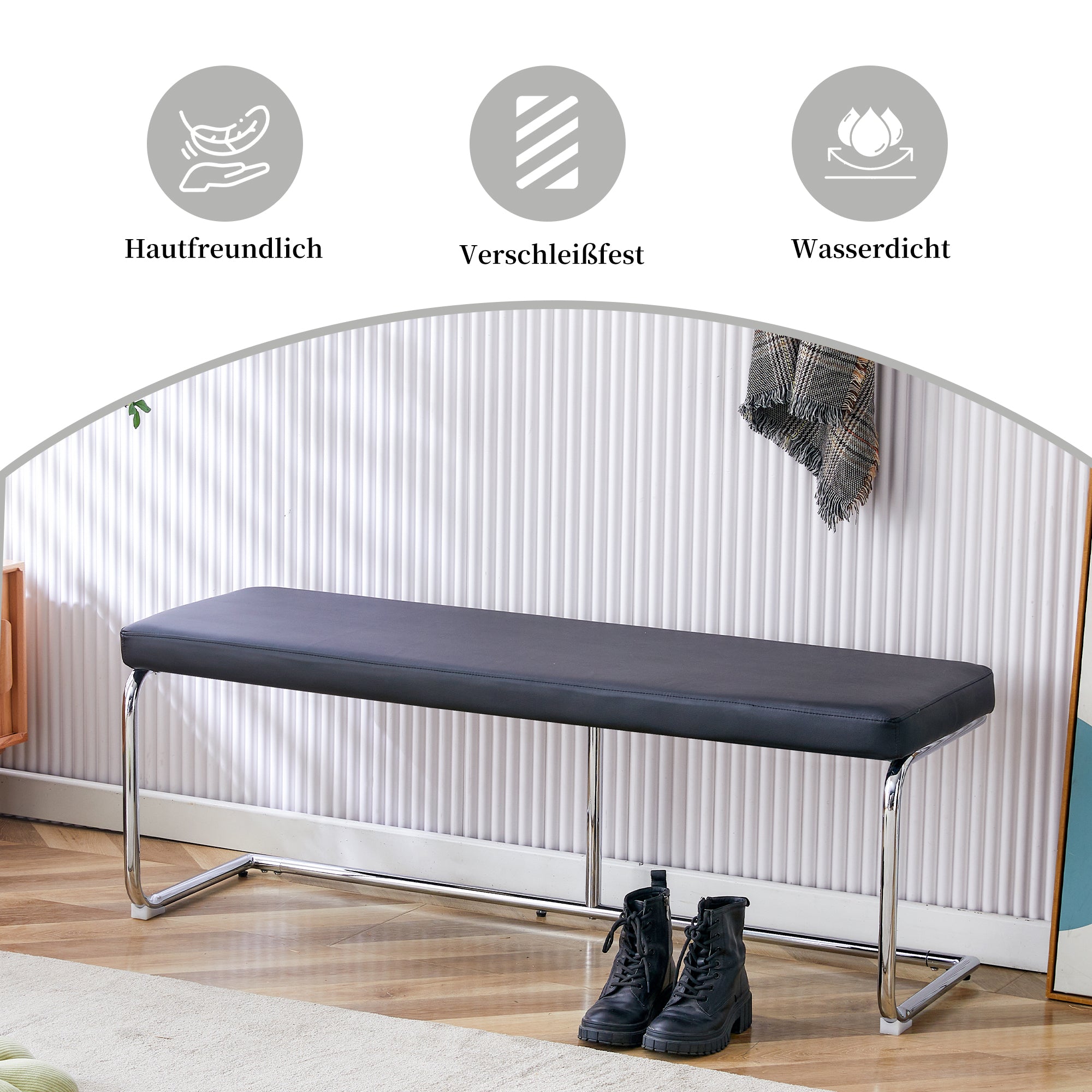 Bench 130cm Modern Chrome Frame - Black Leather