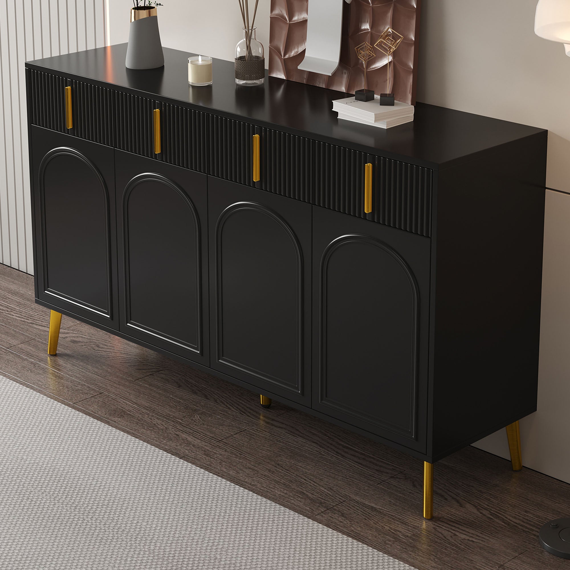 Sideboard, 4 Doors 4 Drawers, Gold Accents