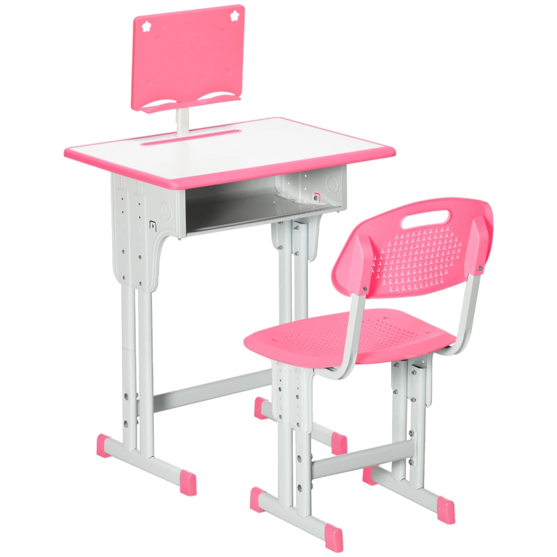 Kids Desk and Chair Set, Adjustable with Book Stand and Pen Slot - Pink