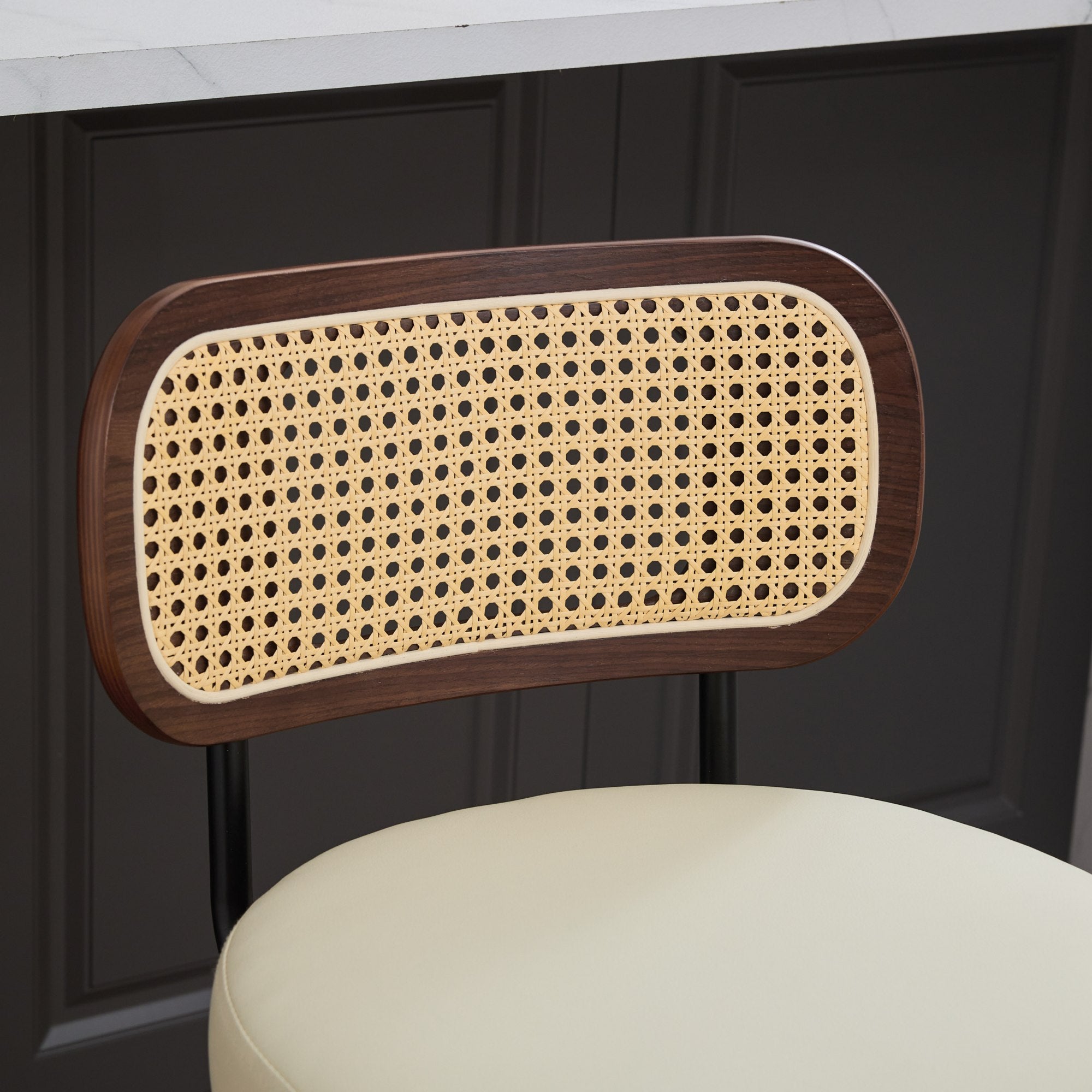 Set of 3 Swivel Bar Stools with Rattan Cane Back and Upholstered Seat, Walnut and Beige