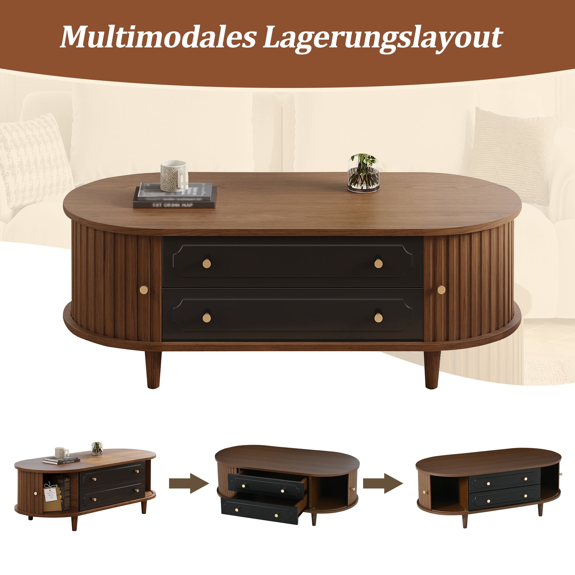 Coffee Table with 2 Drawers and Roll-up Doors, Walnut and Black