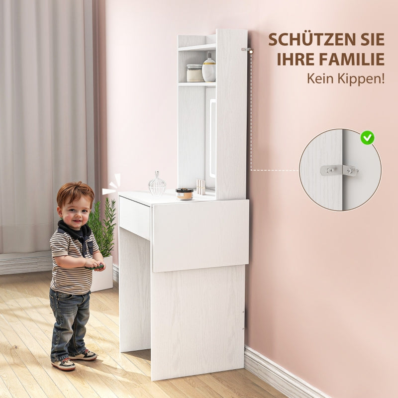 Compact Dressing Table, Mirror, LED Lighting, Folding Tabletop, Open Shelves, Drawer, White MDF
