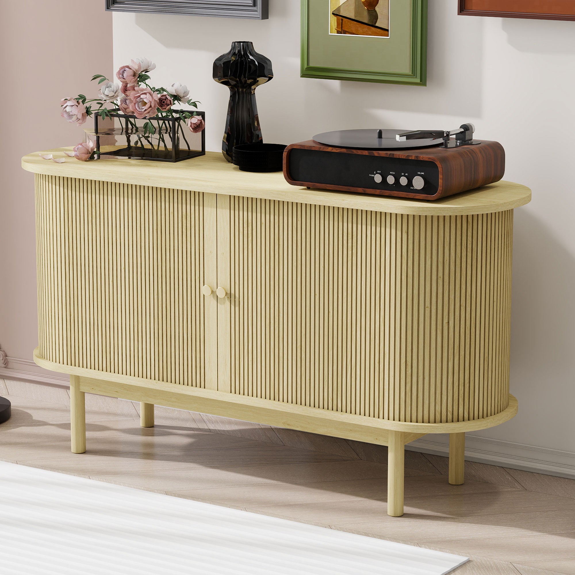 Sideboard, Retro Modern Slatted with Sliding Doors, 138cm Adjustable Shelves, Natural Wood