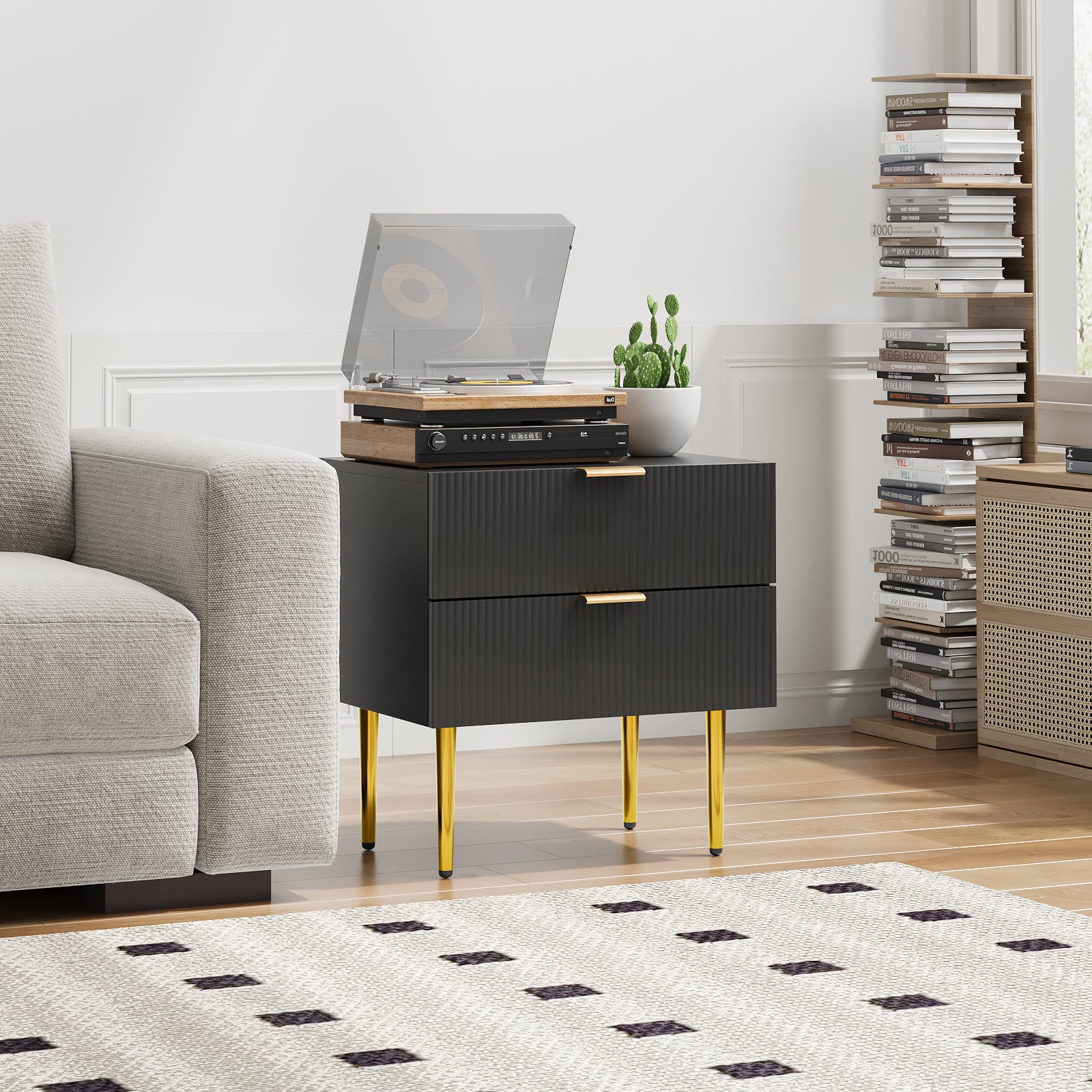 Bedside Table, 2 Drawers, Metal Legs, Black