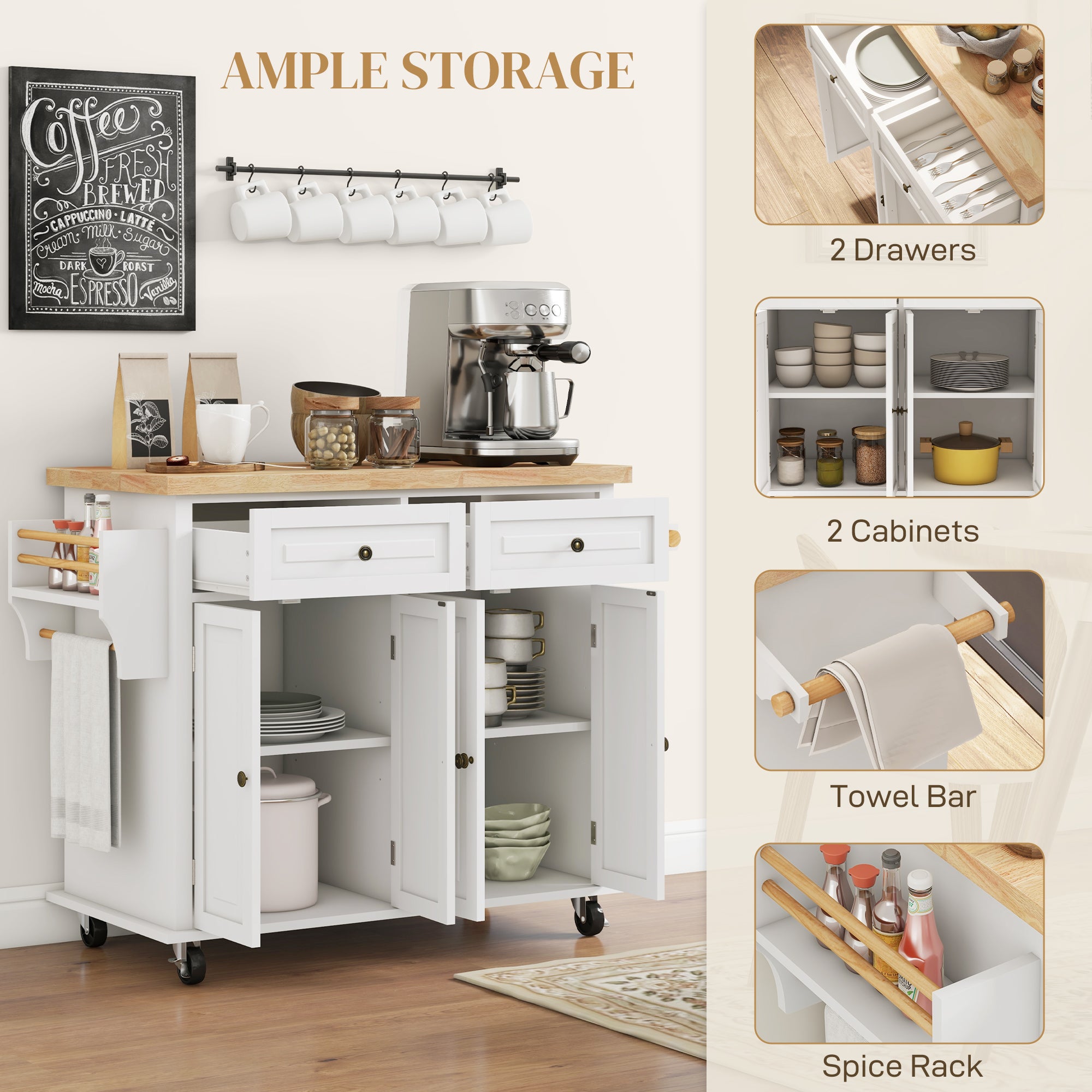 Rolling Kitchen Island Storage Trolley, Rubber Wood Top & Drawers, Cream White