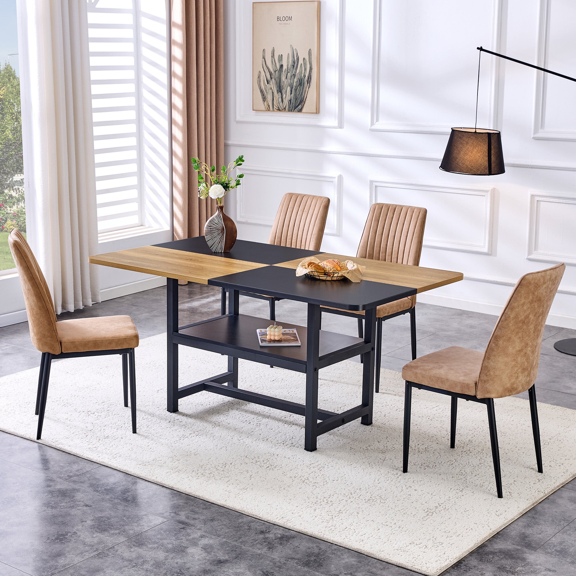 Dining Table Set, Modern Minimalist 85cm Glass Table & 4 Chairs, Brown High-Tech Fabric