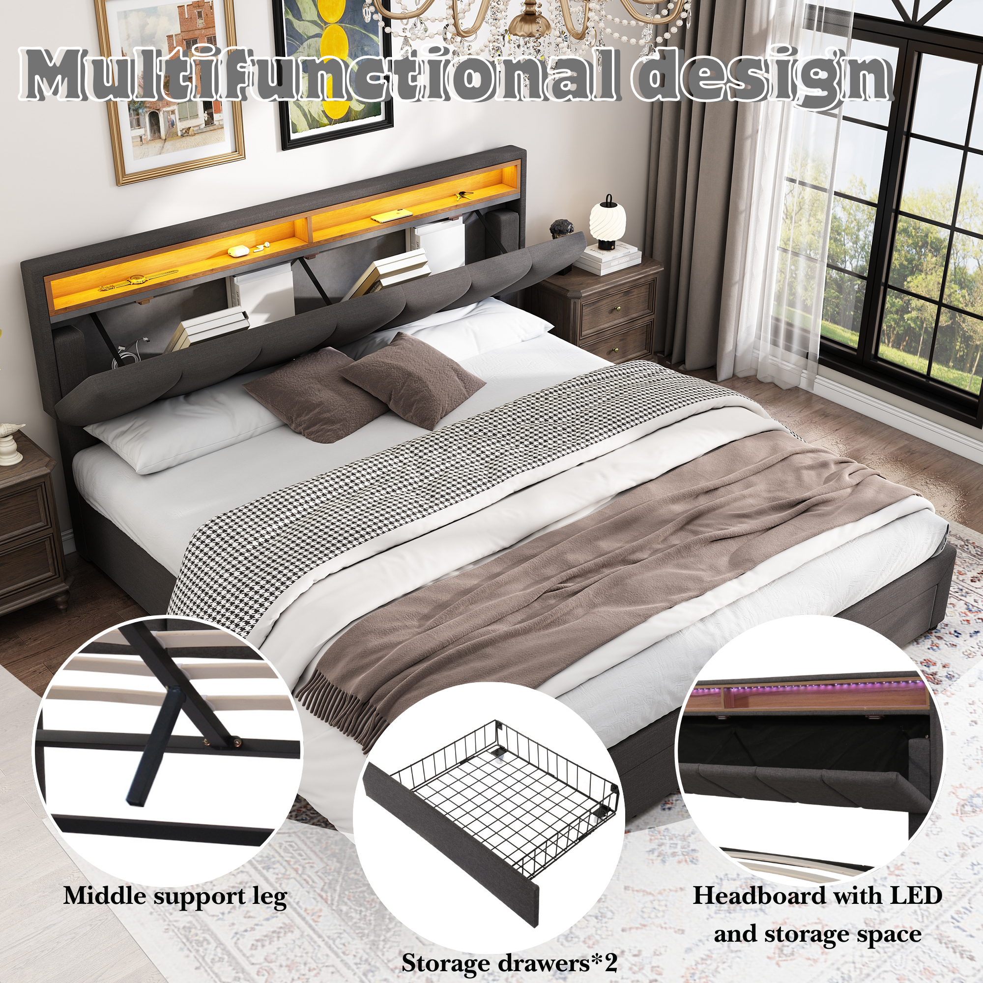Upholstered Bed, Super King 6ft Hydraulic Storage with LED Lighting, Linen Grey