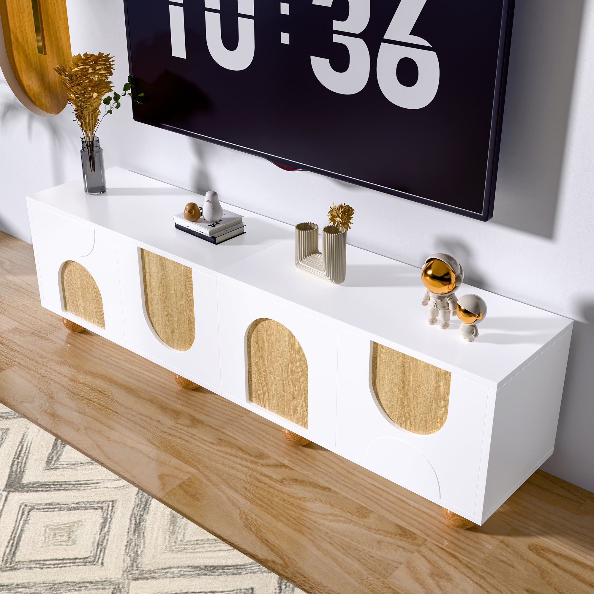 TV Cabinet with Four Doors, Low Stand, Vintage Wood Grain