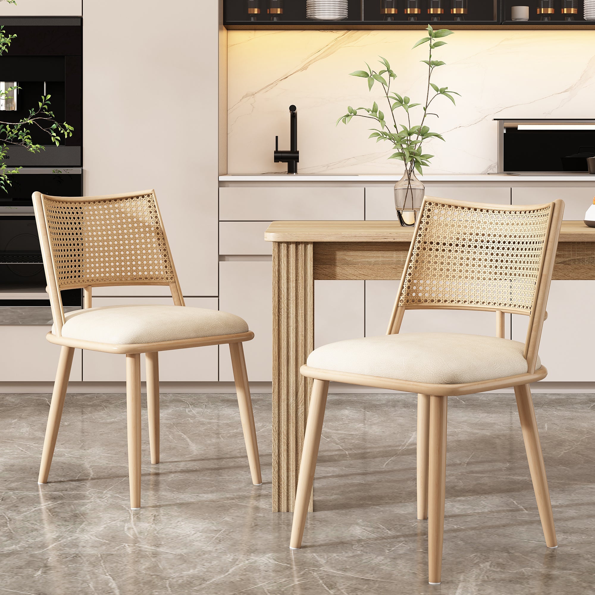Set of 2 Chairs with PU Seat and Rattan Backrest, Beige